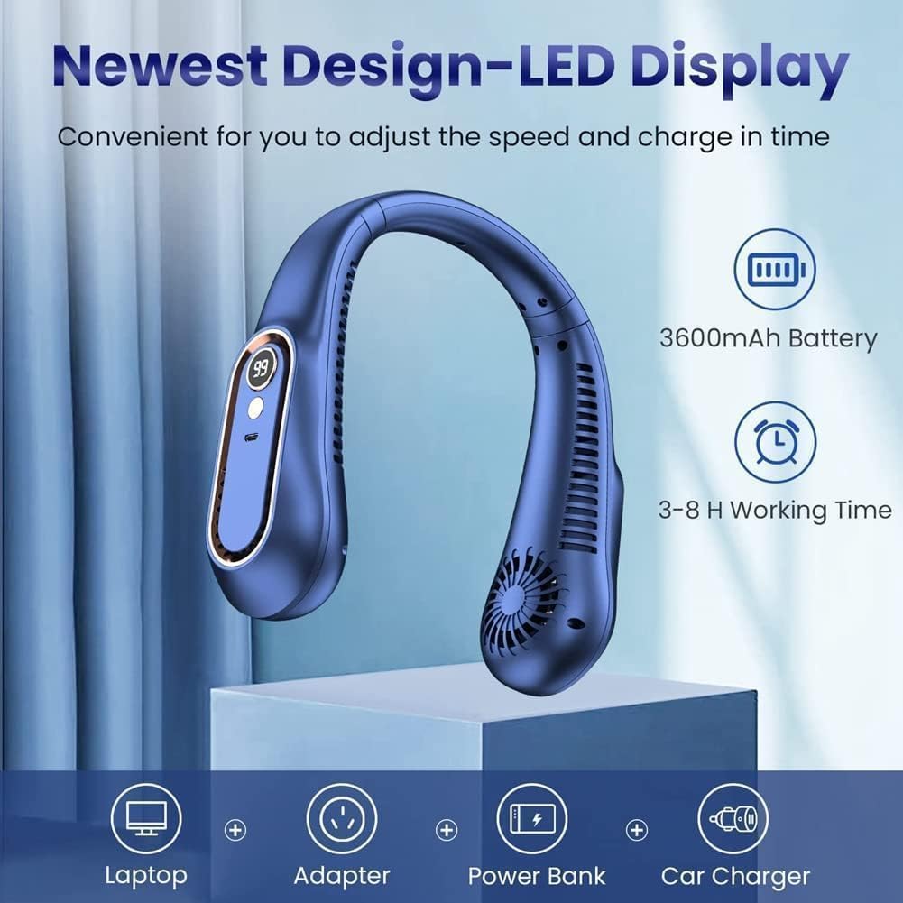 Neck Fan, Portable Bladeless Neck Fans Rechargeable, 4000 mAh Battery USB 360° Airflow Super Quiet 3 Speeds Personal Wearable Neck Fan, Collar Fan for Neck Outdoor Indoor for Women Men