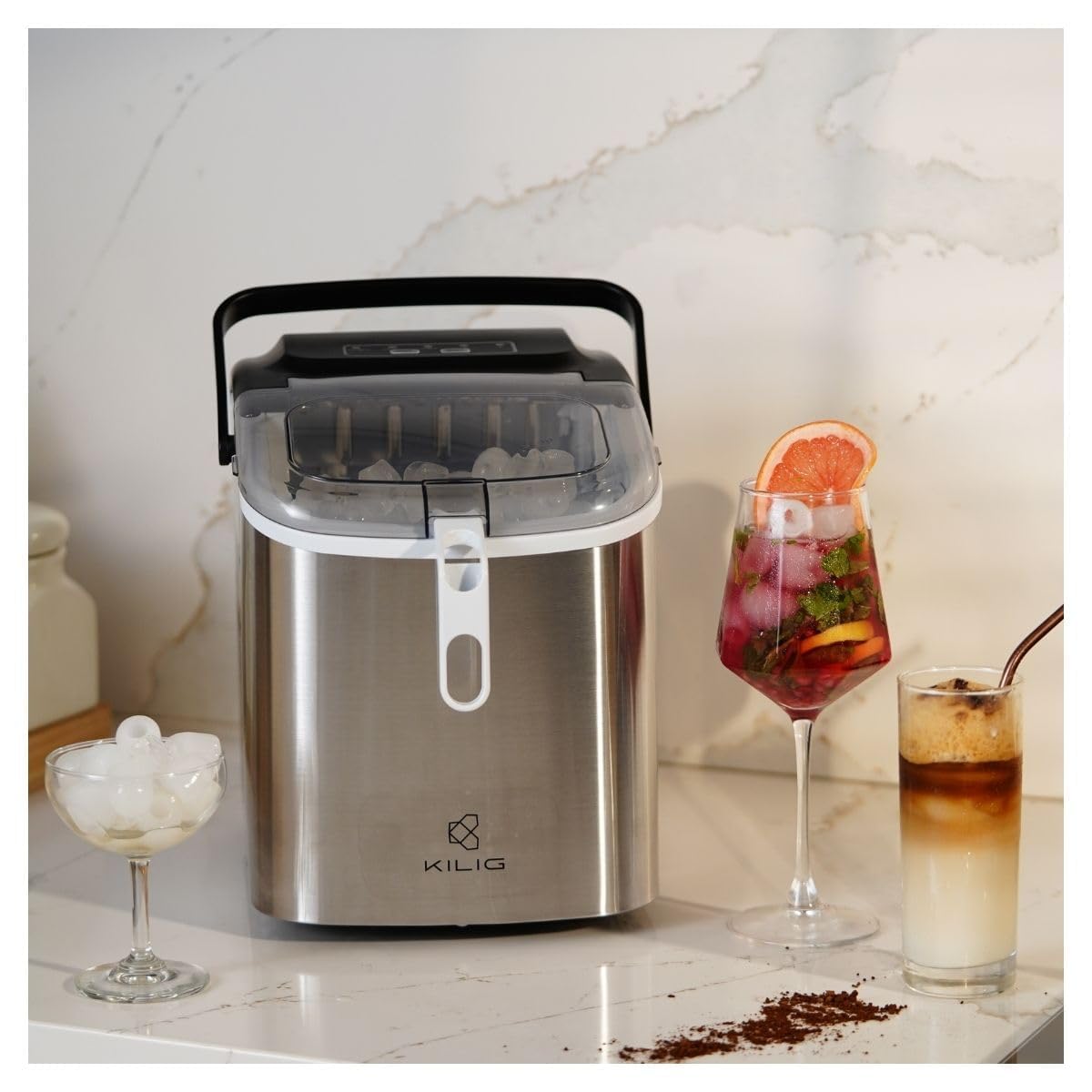 Kilig H01B Countertop Ice Maker Machine | 6 Mins 9 Bullet Ice Cubes| Portable Ice Maker Machine with Self-Cleaning | Ice Scoop, Basket, Ice Maker for Kilig Home/Kitchen/Office/Party - Black