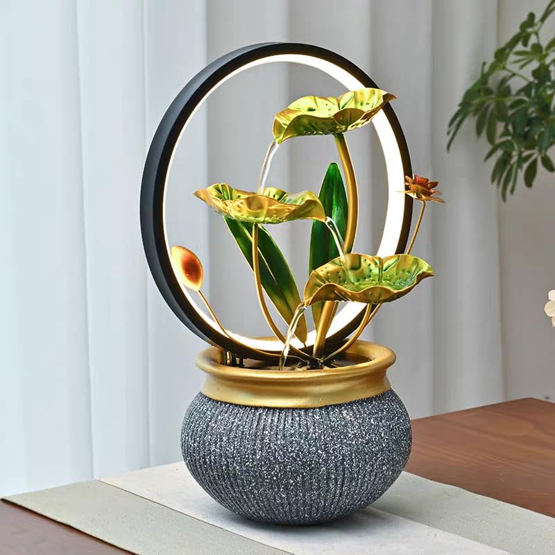 HOME ELEMENTS metal Water Fountains with Ring Light for HOME Decor Tabletop Indoor Desktop Showpiece Fountain for Living Room Bedroom Office Housewarming Gift Meditation Zen Water Fountain -25x17x37cm