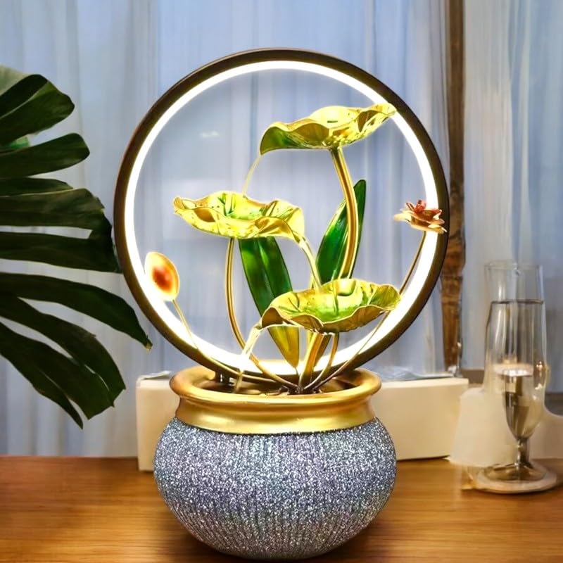 HOME ELEMENTS metal Water Fountains with Ring Light for HOME Decor Tabletop Indoor Desktop Showpiece Fountain for Living Room Bedroom Office Housewarming Gift Meditation Zen Water Fountain -25x17x37cm