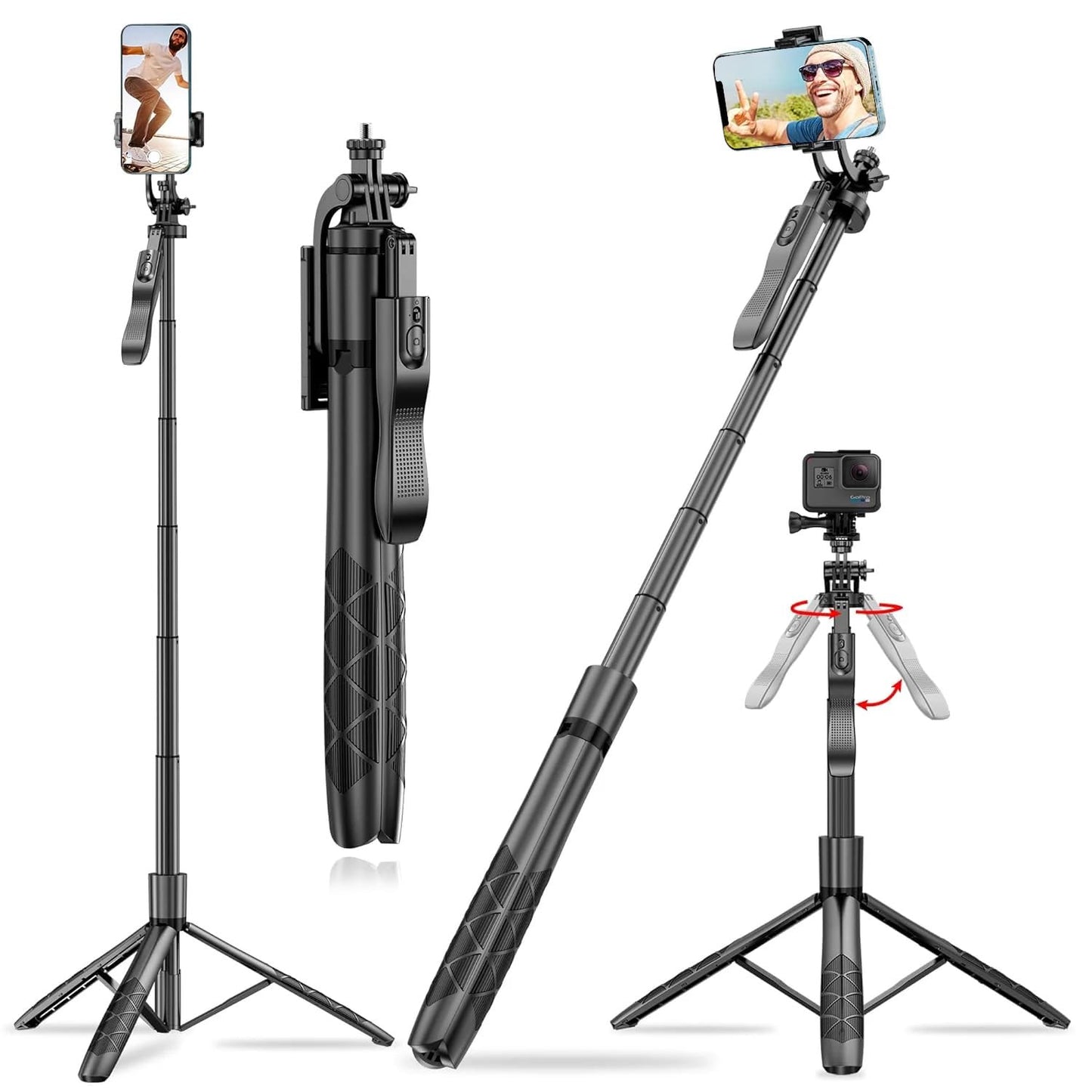 Kratos K5 Selfie Stick Tripod with Balance Handle, 64 inch & Stable 4 Leg Design,Recharable BT Remote, Long Tripod Stand for 360° Rotation Panoramic Shoot, Made for Phones,Ring Light, Gopro,Camera
