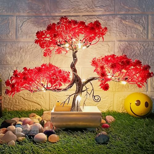 Small Potted Artificial Plant Bonsai Tree with LED Light (24cm) Plastic Fake Indoor Potted Houseplants Bedroom Living Room Décor, Home Office Tabletop Working Desk Décor (1PC, YG)