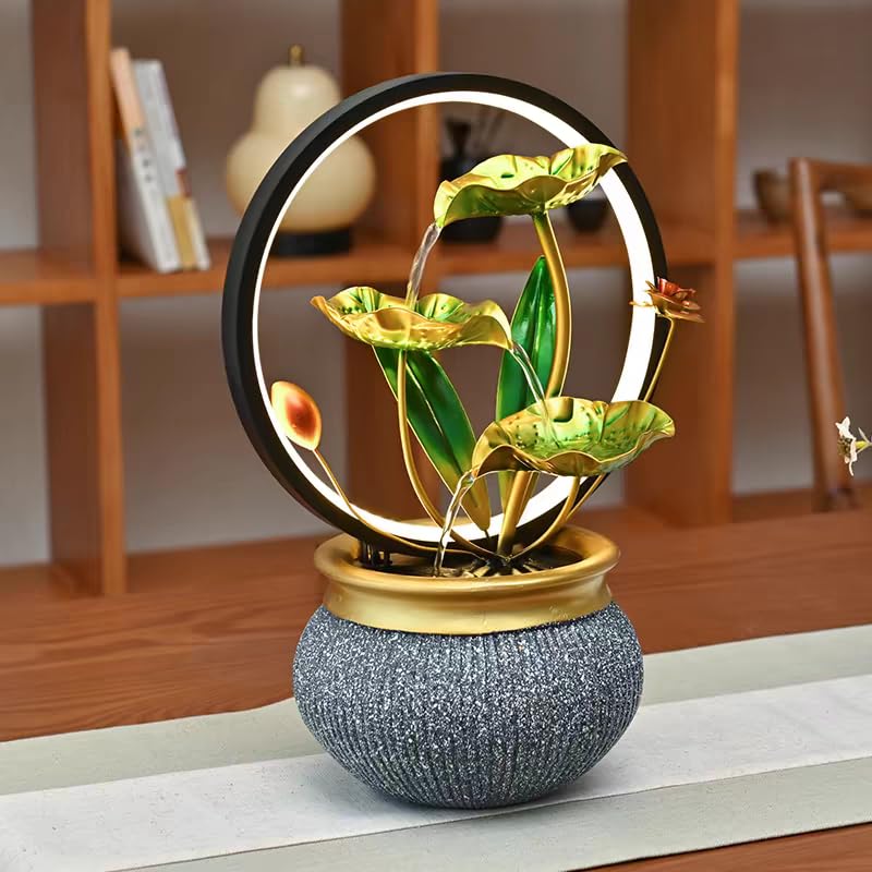 HOME ELEMENTS metal Water Fountains with Ring Light for HOME Decor Tabletop Indoor Desktop Showpiece Fountain for Living Room Bedroom Office Housewarming Gift Meditation Zen Water Fountain -25x17x37cm