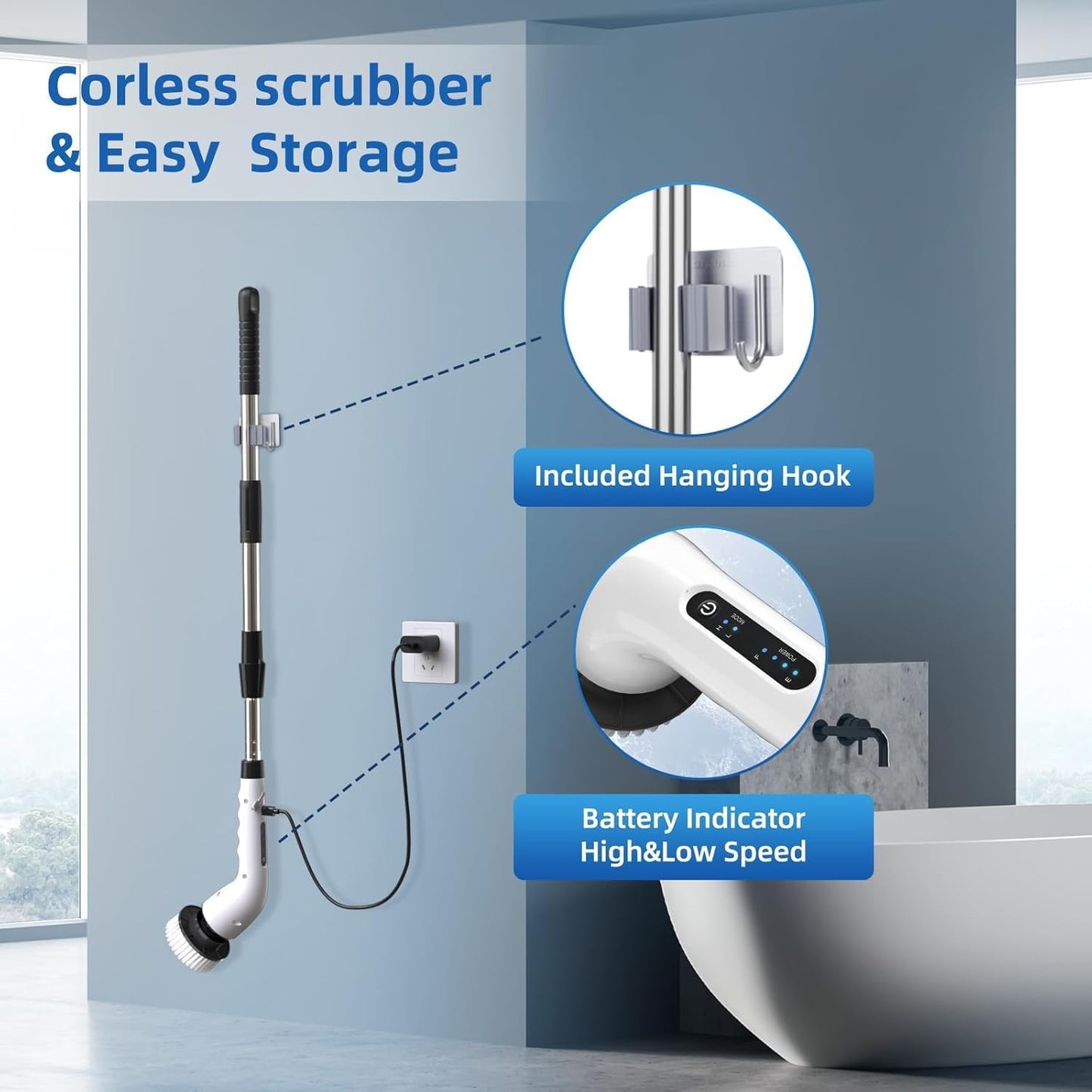 Cordless Electric Spin Scrubber with 8 Replaceable Brush Heads & Squeegee | Adjustable Handle, 2 Speed Settings | Ideal for Bathroom, Tile, Kitchen, and Tub Cleaning