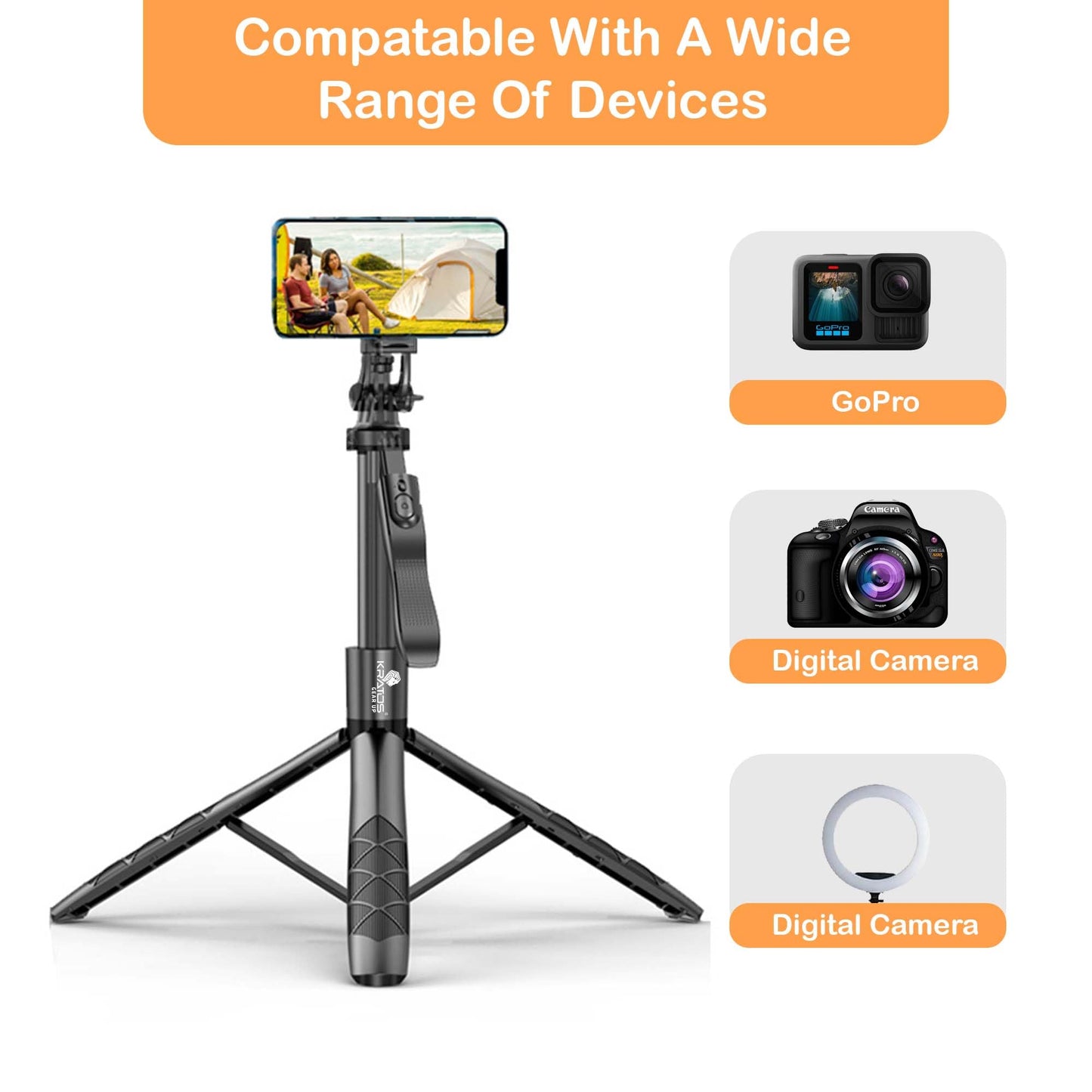 Kratos K5 Selfie Stick Tripod with Balance Handle, 64 inch & Stable 4 Leg Design,Recharable BT Remote, Long Tripod Stand for 360° Rotation Panoramic Shoot, Made for Phones,Ring Light, Gopro,Camera