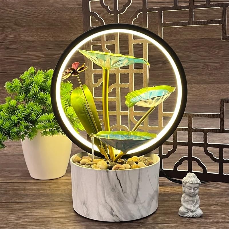 HOME ELEMENTS metal Water Fountains with Ring Light for HOME Decor Tabletop Indoor Desktop Showpiece Fountain for Living Room Bedroom Office Housewarming Gift Meditation Zen Water Fountain -25x17x37cm