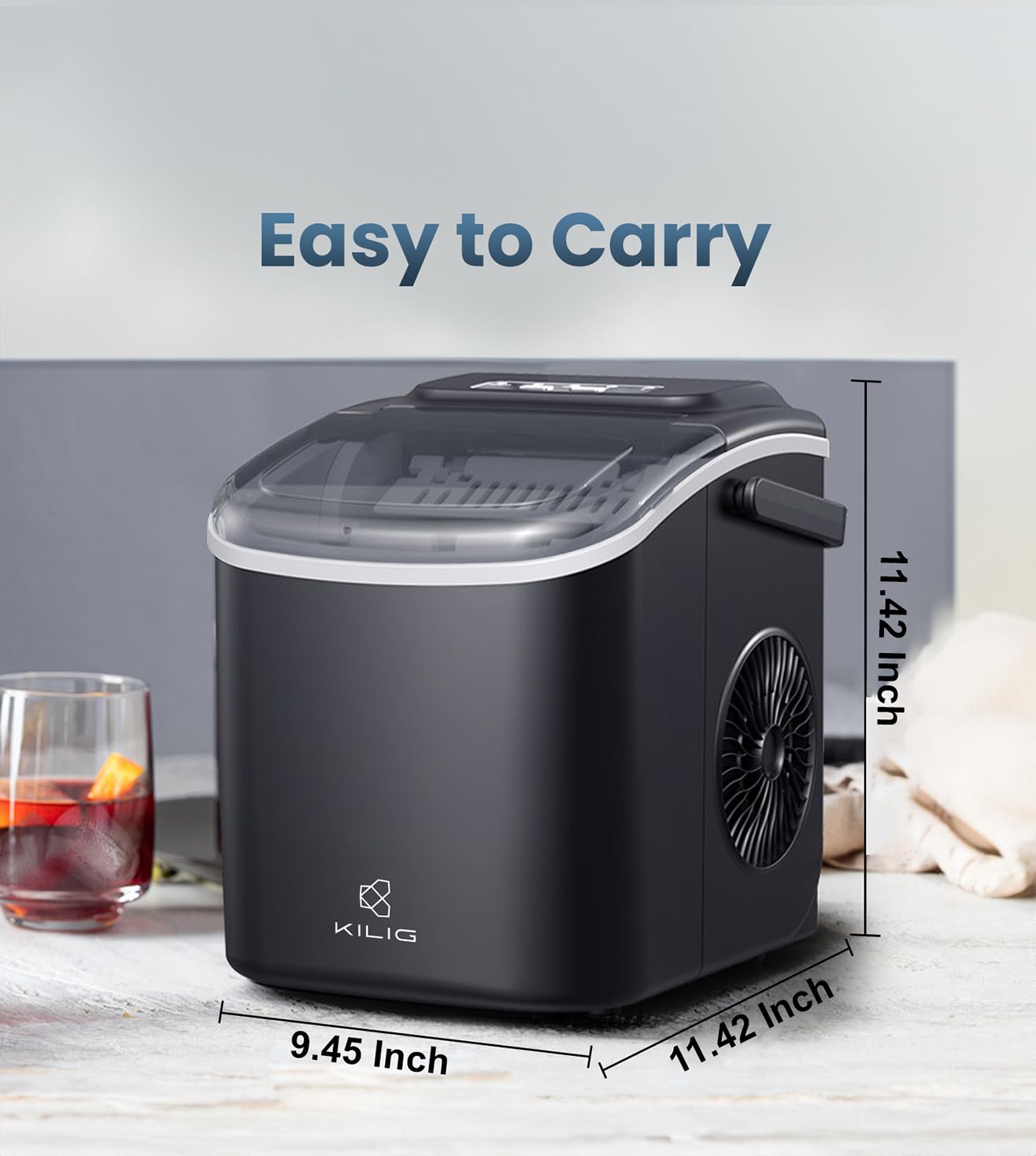 Kilig H01B Countertop Ice Maker Machine | 6 Mins 9 Bullet Ice Cubes| Portable Ice Maker Machine with Self-Cleaning | Ice Scoop, Basket, Ice Maker for Kilig Home/Kitchen/Office/Party - Black