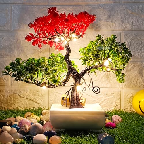 Small Potted Artificial Plant Bonsai Tree with LED Light (24cm) Plastic Fake Indoor Potted Houseplants Bedroom Living Room Décor, Home Office Tabletop Working Desk Décor (1PC, YG)