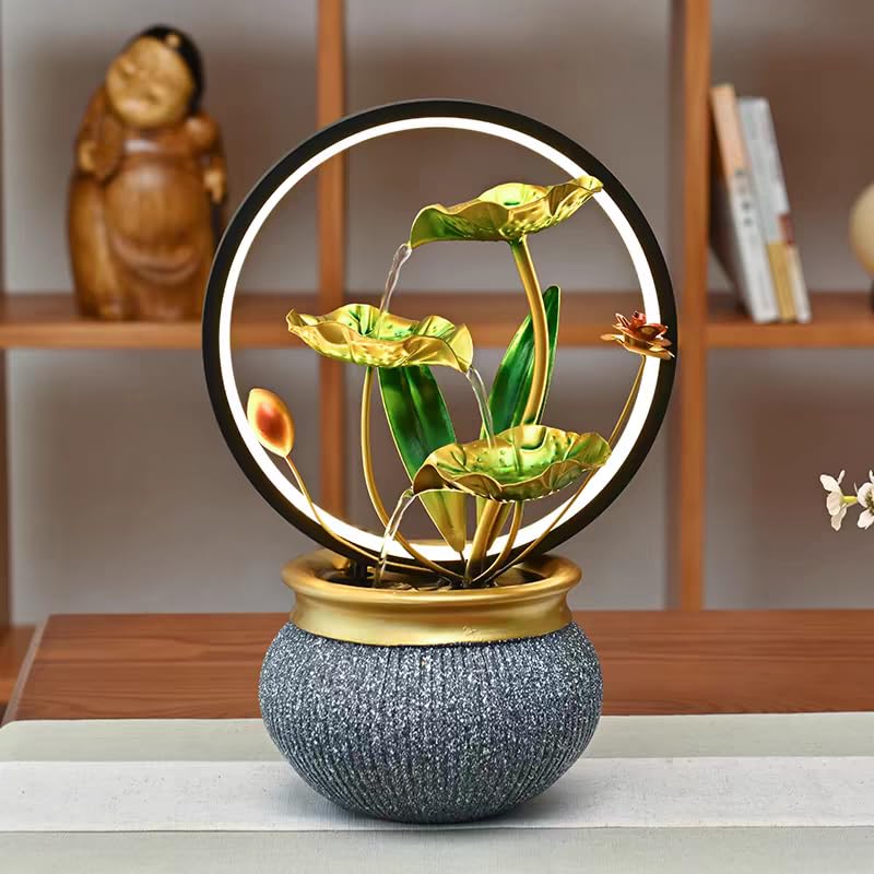 HOME ELEMENTS metal Water Fountains with Ring Light for HOME Decor Tabletop Indoor Desktop Showpiece Fountain for Living Room Bedroom Office Housewarming Gift Meditation Zen Water Fountain -25x17x37cm