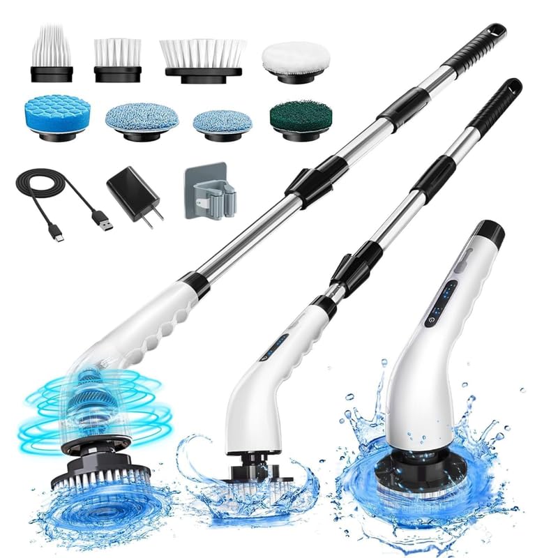 Cordless Electric Spin Scrubber with 8 Replaceable Brush Heads & Squeegee | Adjustable Handle, 2 Speed Settings | Ideal for Bathroom, Tile, Kitchen, and Tub Cleaning