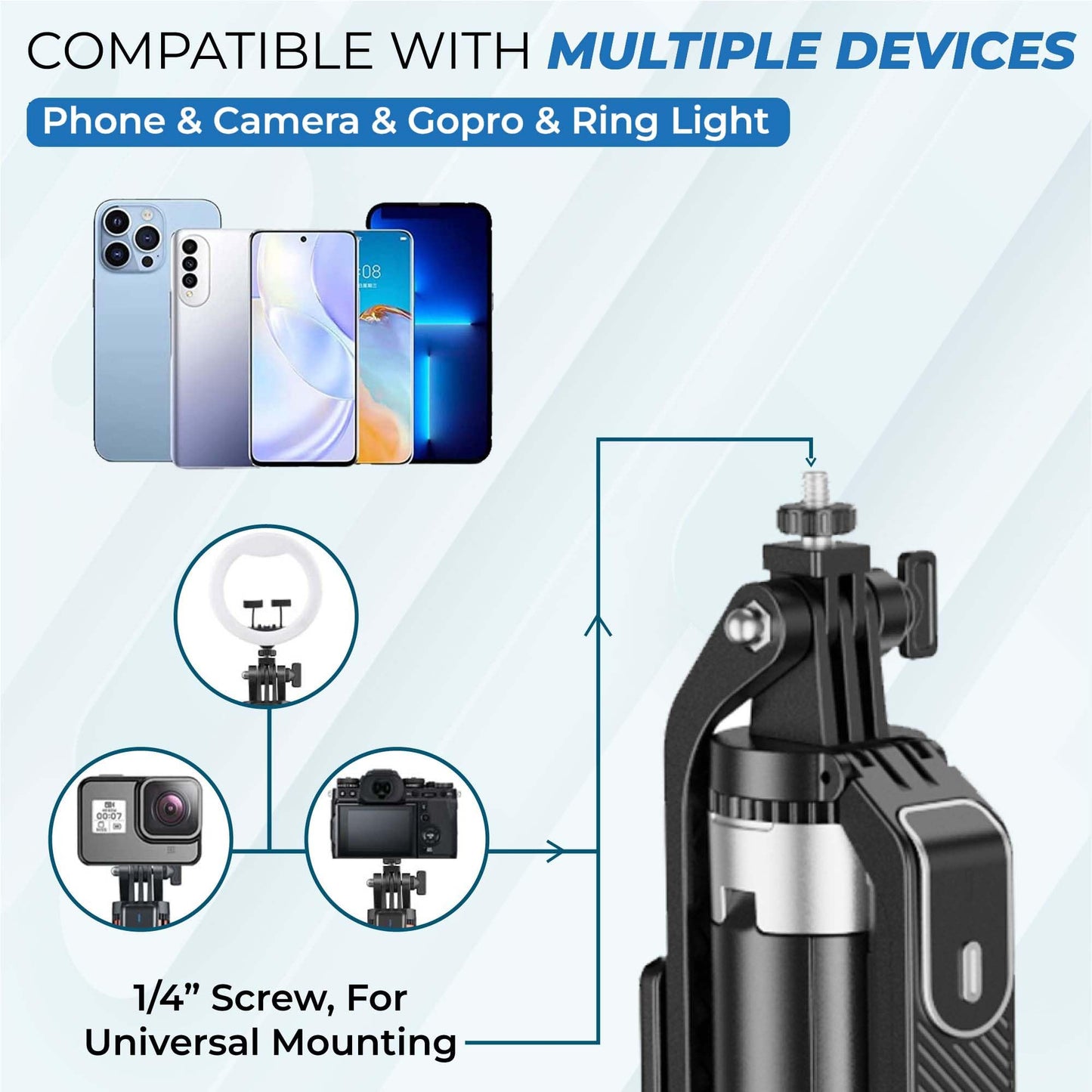 Kratos K5 Selfie Stick Tripod with Balance Handle, 64 inch & Stable 4 Leg Design,Recharable BT Remote, Long Tripod Stand for 360° Rotation Panoramic Shoot, Made for Phones,Ring Light, Gopro,Camera