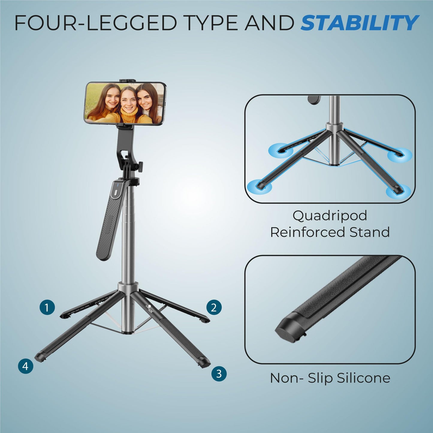 Kratos K5 Selfie Stick Tripod with Balance Handle, 64 inch & Stable 4 Leg Design,Recharable BT Remote, Long Tripod Stand for 360° Rotation Panoramic Shoot, Made for Phones,Ring Light, Gopro,Camera
