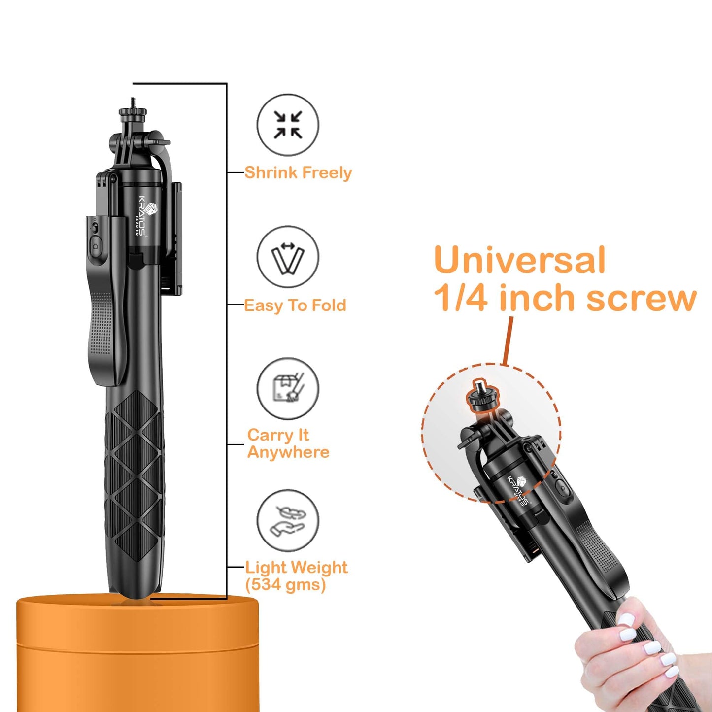 Kratos K5 Selfie Stick Tripod with Balance Handle, 64 inch & Stable 4 Leg Design,Recharable BT Remote, Long Tripod Stand for 360° Rotation Panoramic Shoot, Made for Phones,Ring Light, Gopro,Camera