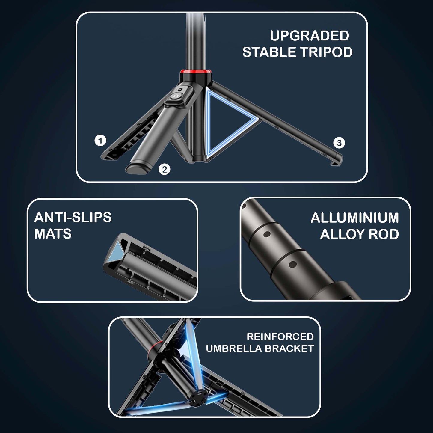 Kratos K5 Selfie Stick Tripod with Balance Handle, 64 inch & Stable 4 Leg Design,Recharable BT Remote, Long Tripod Stand for 360° Rotation Panoramic Shoot, Made for Phones,Ring Light, Gopro,Camera