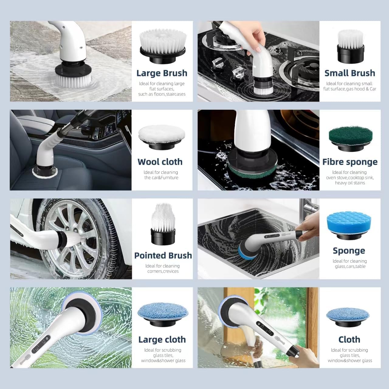 Cordless Electric Spin Scrubber with 8 Replaceable Brush Heads & Squeegee | Adjustable Handle, 2 Speed Settings | Ideal for Bathroom, Tile, Kitchen, and Tub Cleaning
