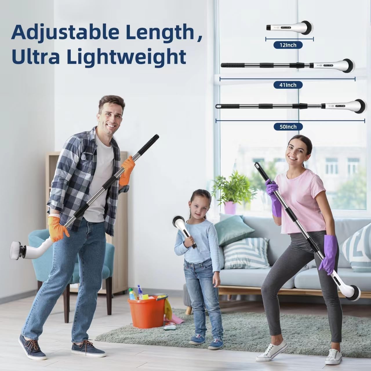 Cordless Electric Spin Scrubber with 8 Replaceable Brush Heads & Squeegee | Adjustable Handle, 2 Speed Settings | Ideal for Bathroom, Tile, Kitchen, and Tub Cleaning