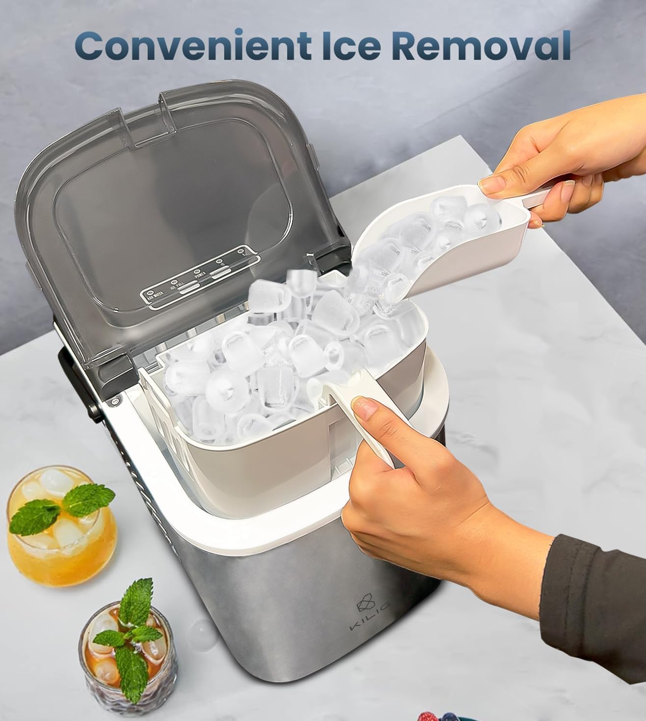 Kilig H01B Countertop Ice Maker Machine | 6 Mins 9 Bullet Ice Cubes| Portable Ice Maker Machine with Self-Cleaning | Ice Scoop, Basket, Ice Maker for Kilig Home/Kitchen/Office/Party - Black