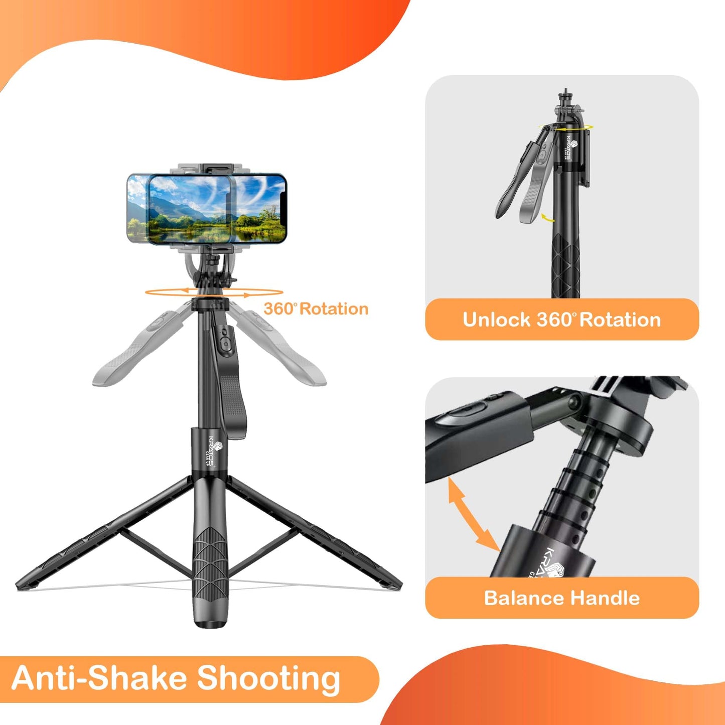 Kratos K5 Selfie Stick Tripod with Balance Handle, 64 inch & Stable 4 Leg Design,Recharable BT Remote, Long Tripod Stand for 360° Rotation Panoramic Shoot, Made for Phones,Ring Light, Gopro,Camera