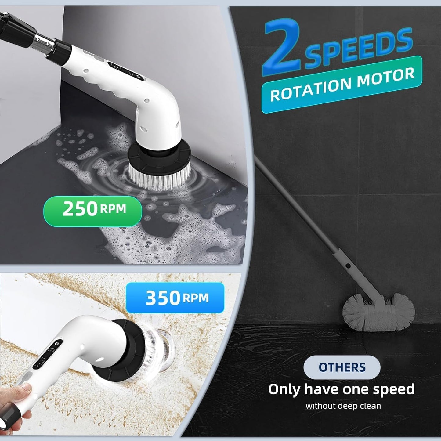 Cordless Electric Spin Scrubber with 8 Replaceable Brush Heads & Squeegee | Adjustable Handle, 2 Speed Settings | Ideal for Bathroom, Tile, Kitchen, and Tub Cleaning
