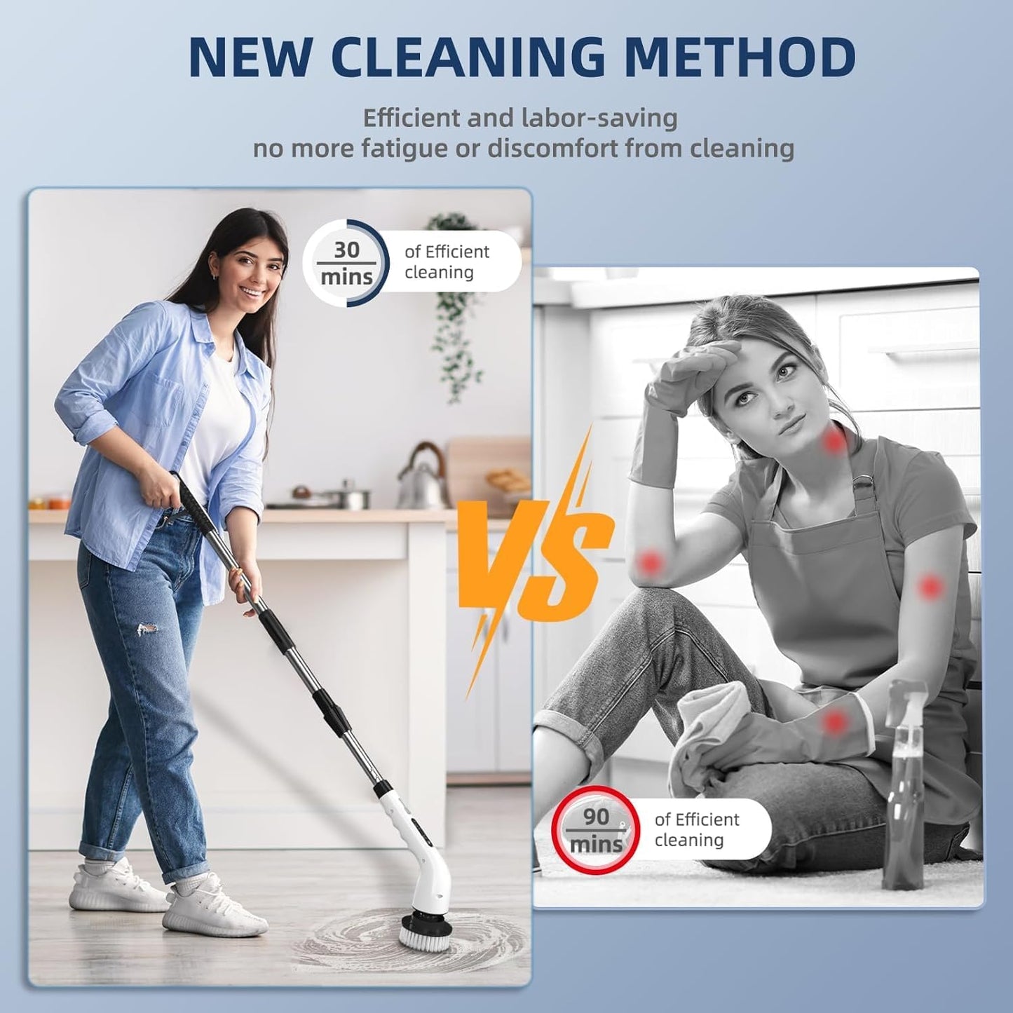 Cordless Electric Spin Scrubber with 8 Replaceable Brush Heads & Squeegee | Adjustable Handle, 2 Speed Settings | Ideal for Bathroom, Tile, Kitchen, and Tub Cleaning