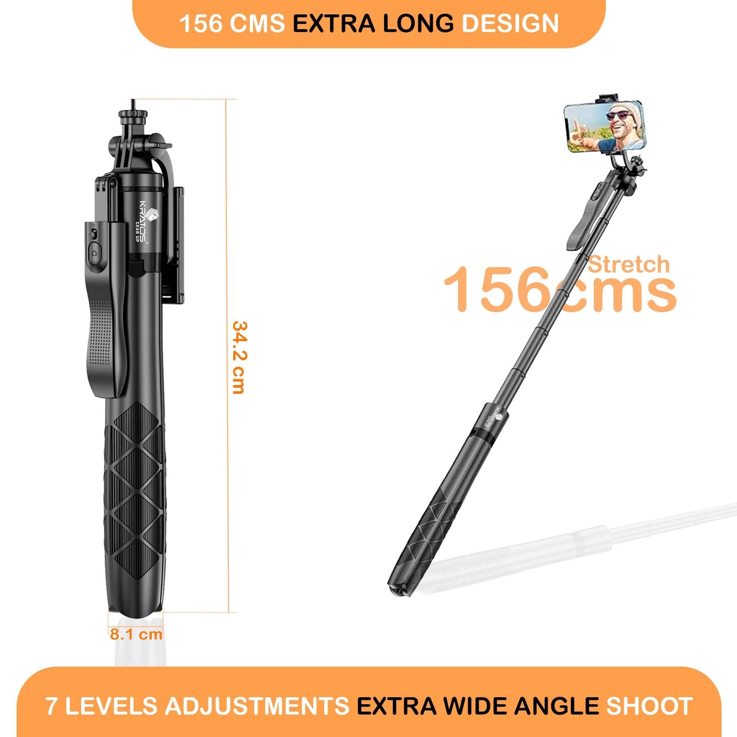 Kratos K5 Selfie Stick Tripod with Balance Handle, 64 inch & Stable 4 Leg Design,Recharable BT Remote, Long Tripod Stand for 360° Rotation Panoramic Shoot, Made for Phones,Ring Light, Gopro,Camera