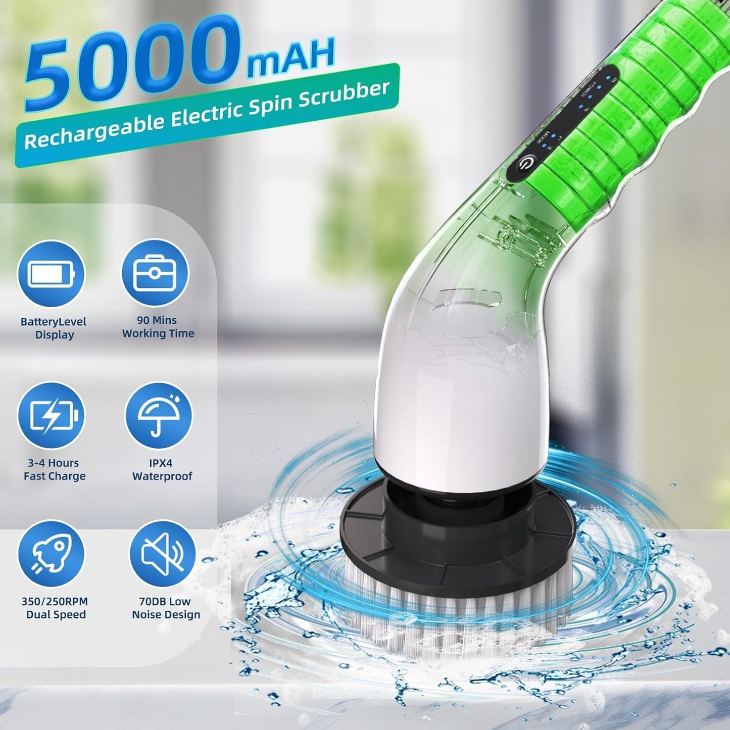 Cordless Electric Spin Scrubber with 8 Replaceable Brush Heads & Squeegee | Adjustable Handle, 2 Speed Settings | Ideal for Bathroom, Tile, Kitchen, and Tub Cleaning