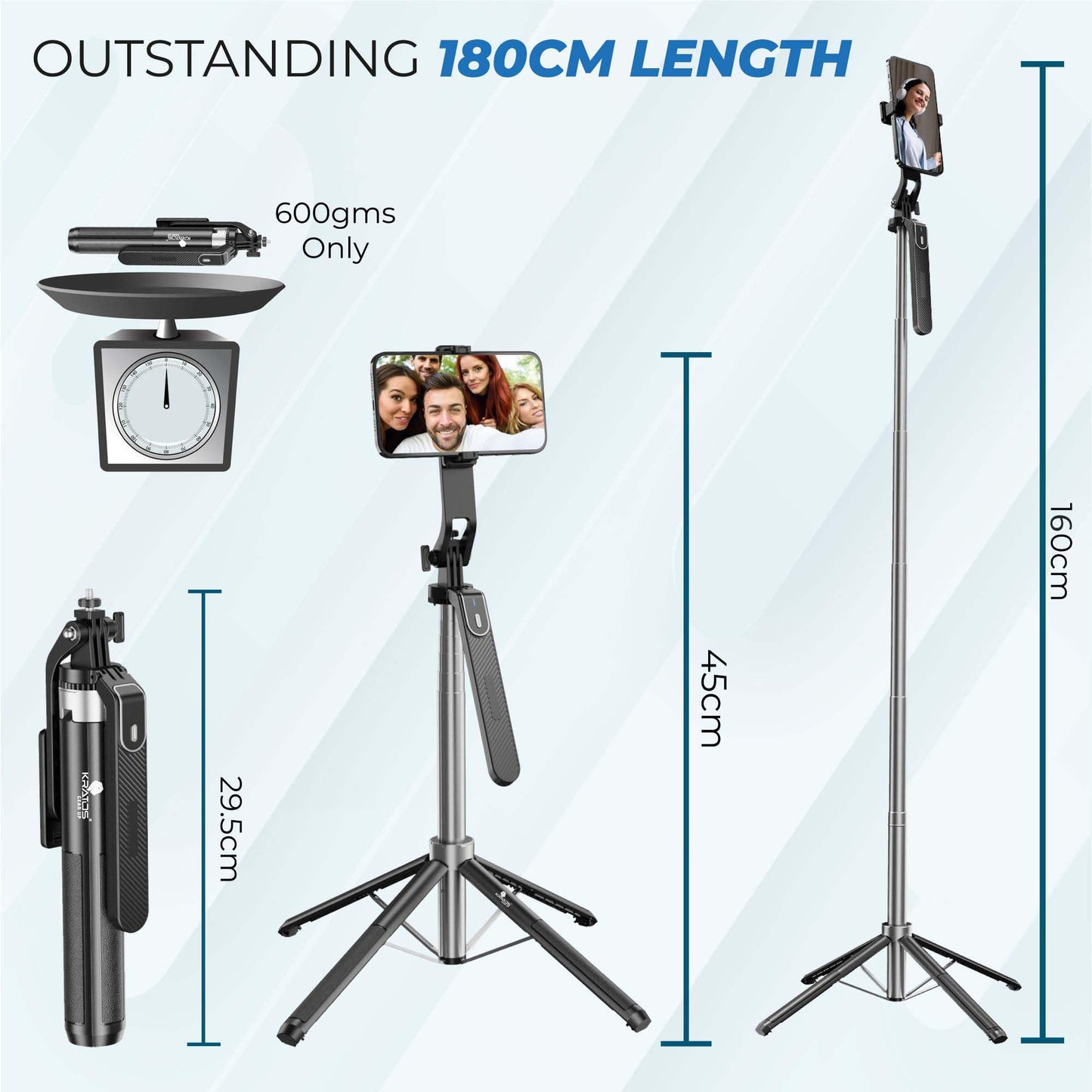 Kratos K5 Selfie Stick Tripod with Balance Handle, 64 inch & Stable 4 Leg Design,Recharable BT Remote, Long Tripod Stand for 360° Rotation Panoramic Shoot, Made for Phones,Ring Light, Gopro,Camera