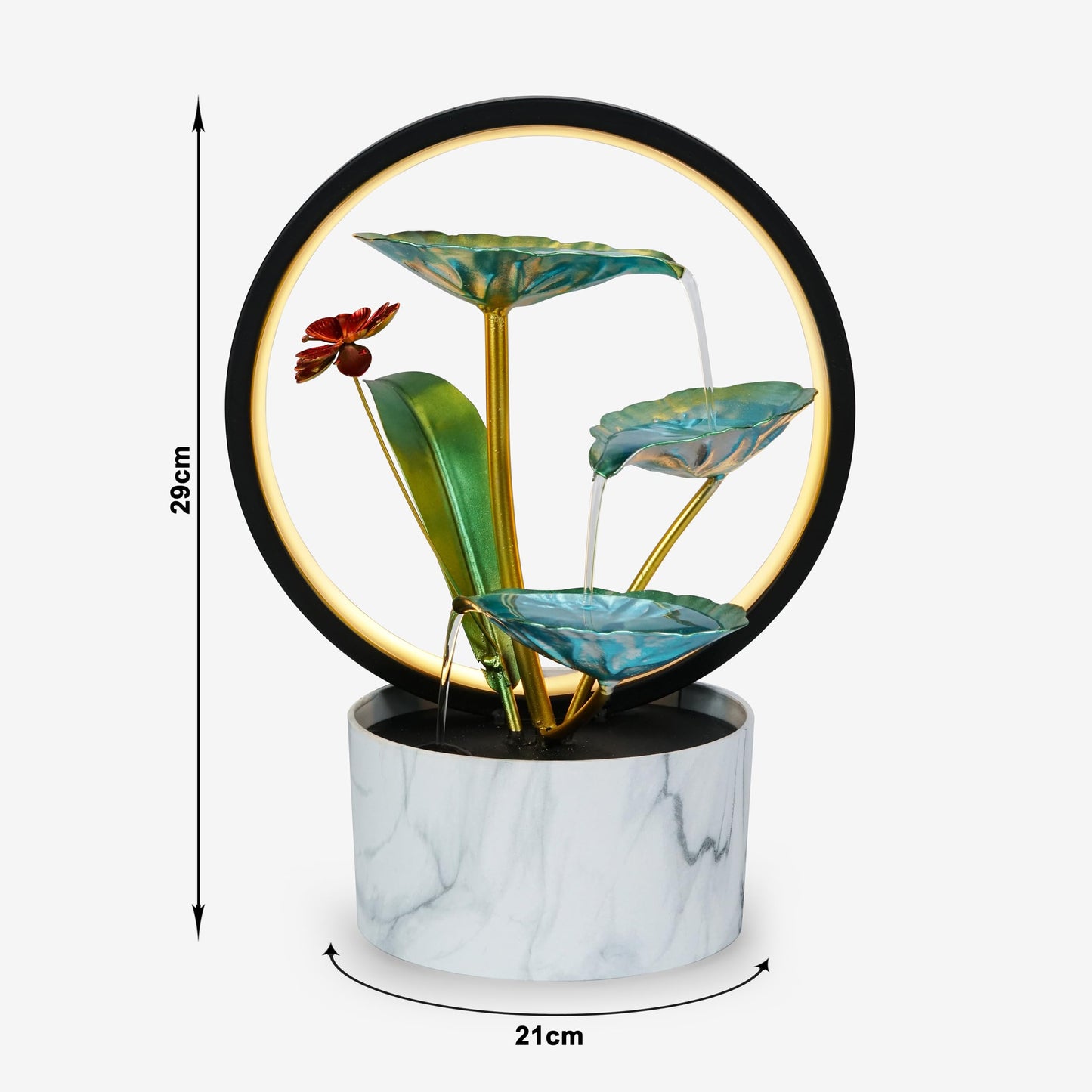 HOME ELEMENTS metal Water Fountains with Ring Light for HOME Decor Tabletop Indoor Desktop Showpiece Fountain for Living Room Bedroom Office Housewarming Gift Meditation Zen Water Fountain -25x17x37cm