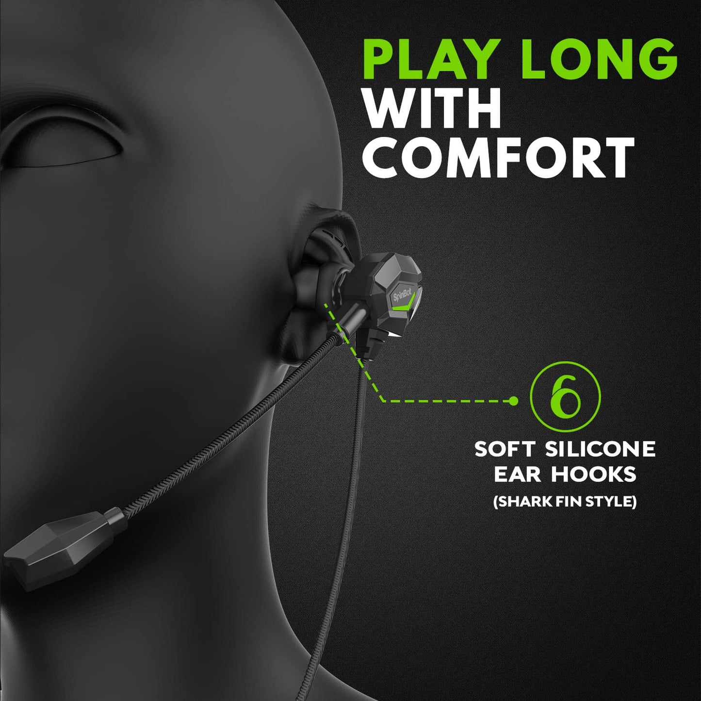 SpinBot BattleBudz W20 Gaming Wired Earphones with Dual Mic | Detachable Boom Mic, 10mm Gaming-Tuned Drivers, Shark Fin Eartips for Mobile, PC/Laptop, Xbox One, PS4, PS5 (Green)