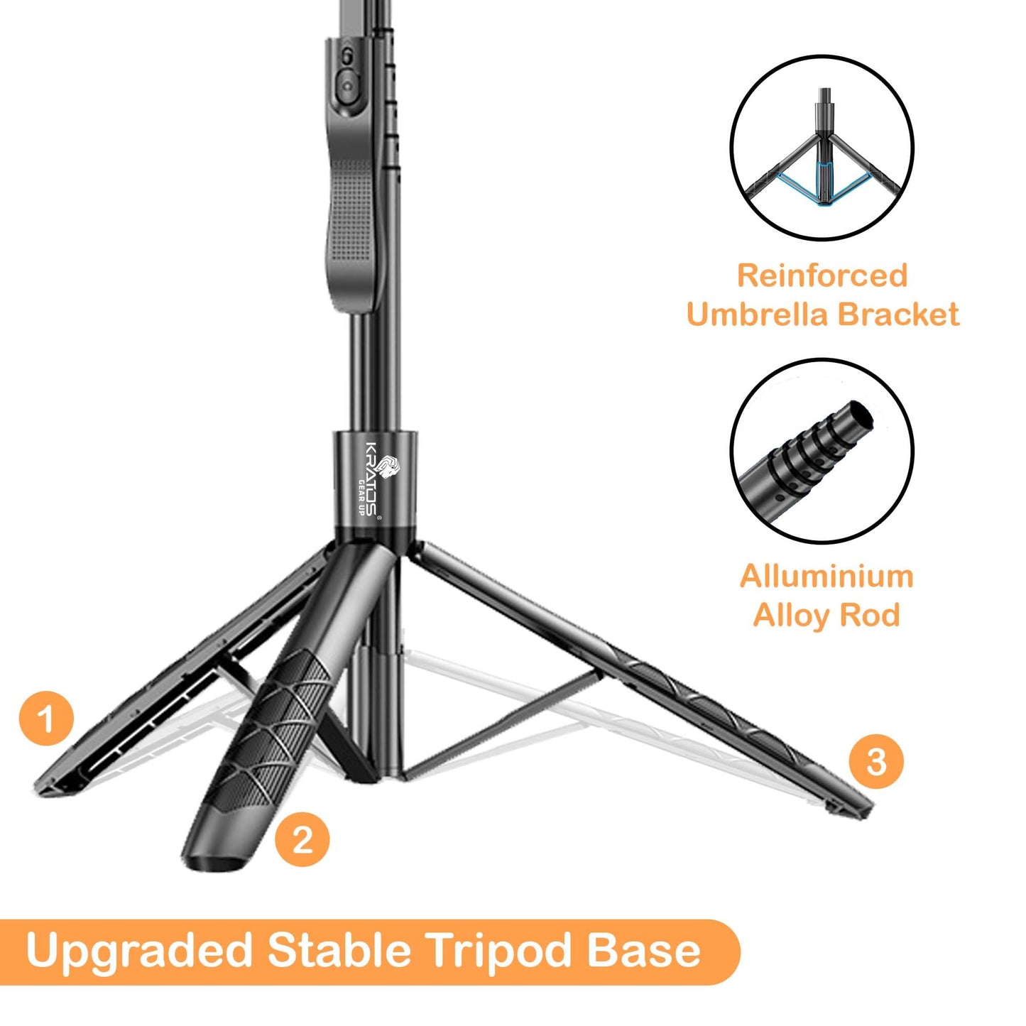 Kratos K5 Selfie Stick Tripod with Balance Handle, 64 inch & Stable 4 Leg Design,Recharable BT Remote, Long Tripod Stand for 360° Rotation Panoramic Shoot, Made for Phones,Ring Light, Gopro,Camera