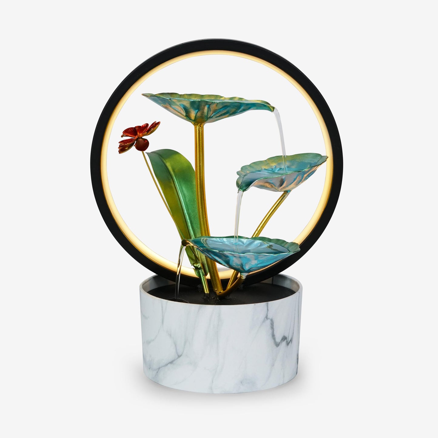 HOME ELEMENTS metal Water Fountains with Ring Light for HOME Decor Tabletop Indoor Desktop Showpiece Fountain for Living Room Bedroom Office Housewarming Gift Meditation Zen Water Fountain -25x17x37cm
