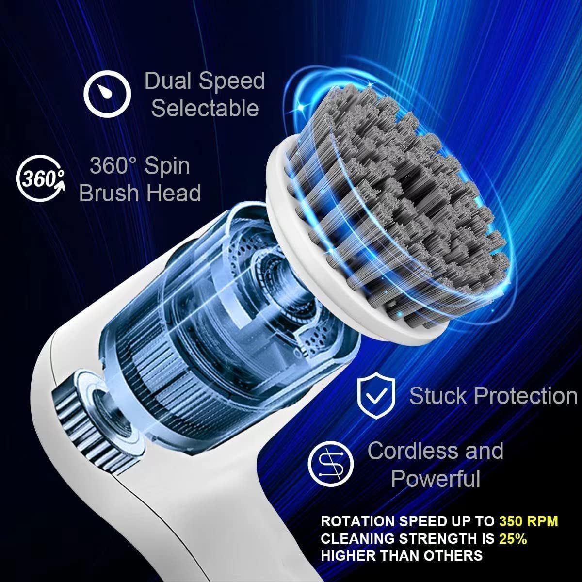 Cordless Electric Spin Scrubber with 8 Replaceable Brush Heads & Squeegee | Adjustable Handle, 2 Speed Settings | Ideal for Bathroom, Tile, Kitchen, and Tub Cleaning