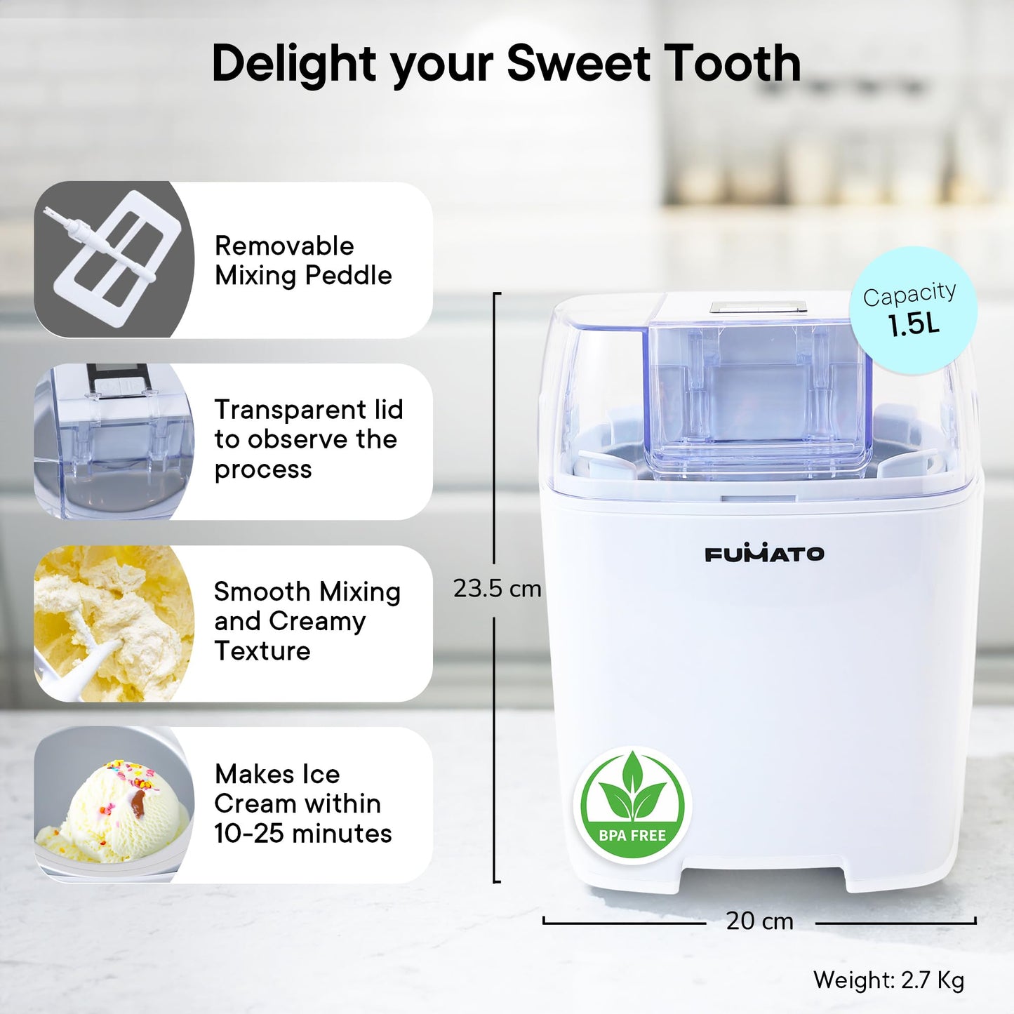 The Better Home Fumato Ice Cream Maker For Home 1.5 Litres|Slushy Maker,Sorbet,Frozen Yogurt And Ice Cream Machine With Lcd Display- White