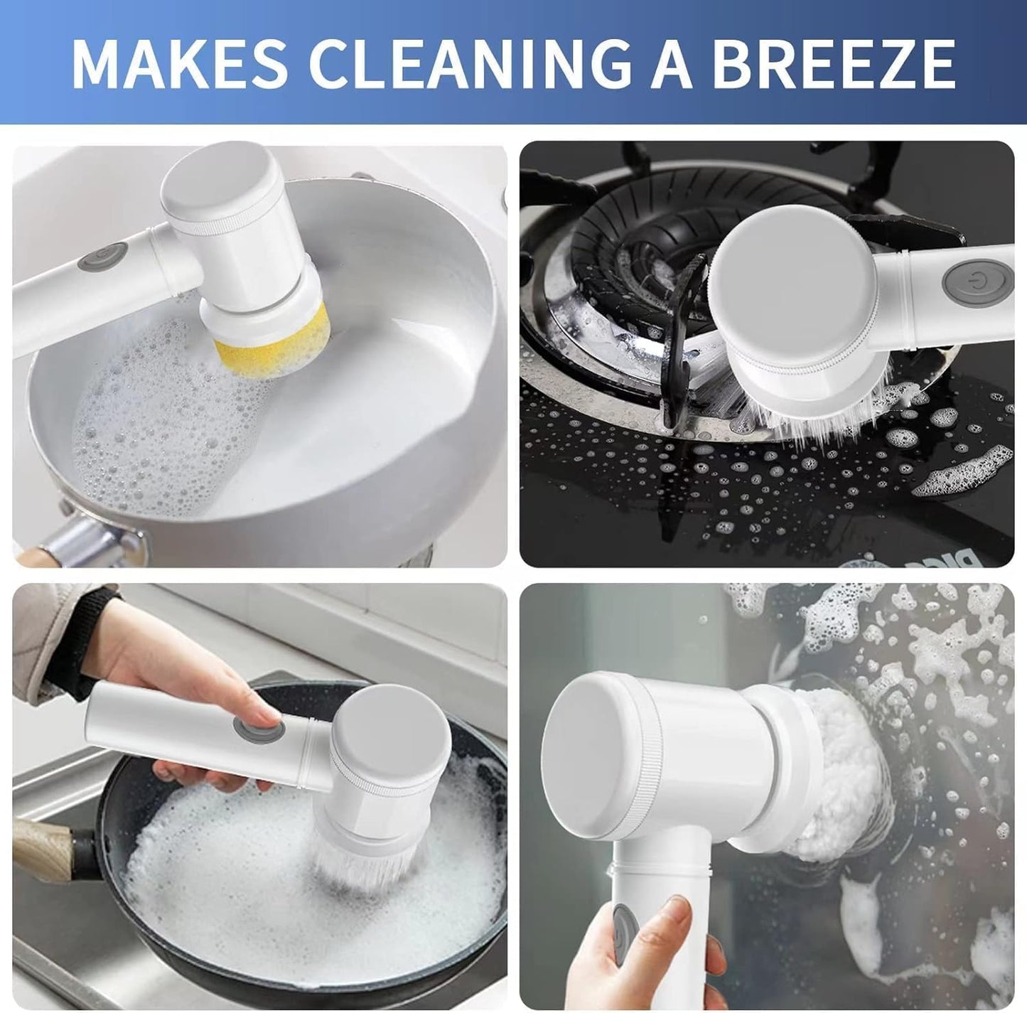 Cordless Electric Spin Scrubber with 8 Replaceable Brush Heads & Squeegee | Adjustable Handle, 2 Speed Settings | Ideal for Bathroom, Tile, Kitchen, and Tub Cleaning