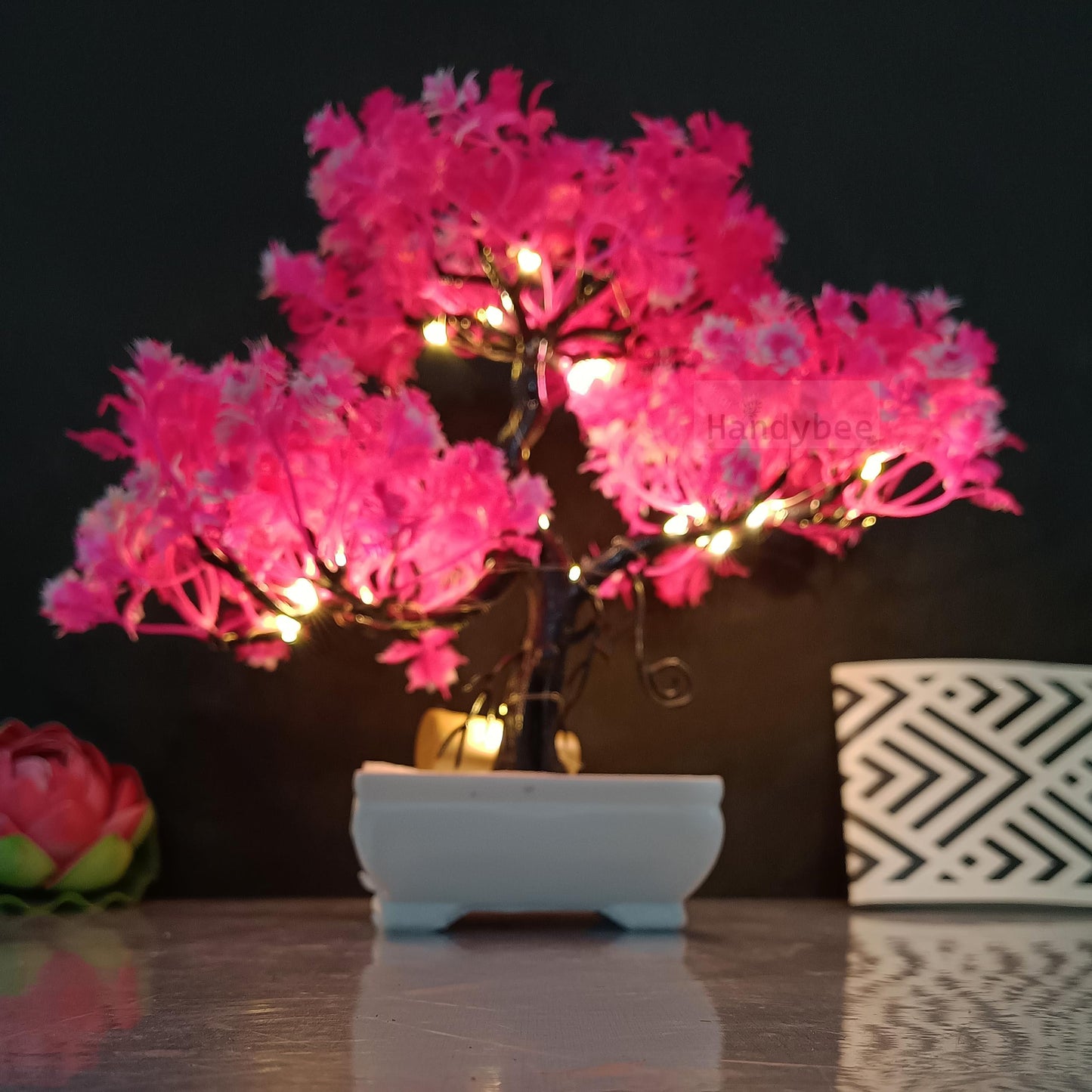 Small Potted Artificial Plant Bonsai Tree with LED Light (24cm) Plastic Fake Indoor Potted Houseplants Bedroom Living Room Décor, Home Office Tabletop Working Desk Décor (1PC, YG)