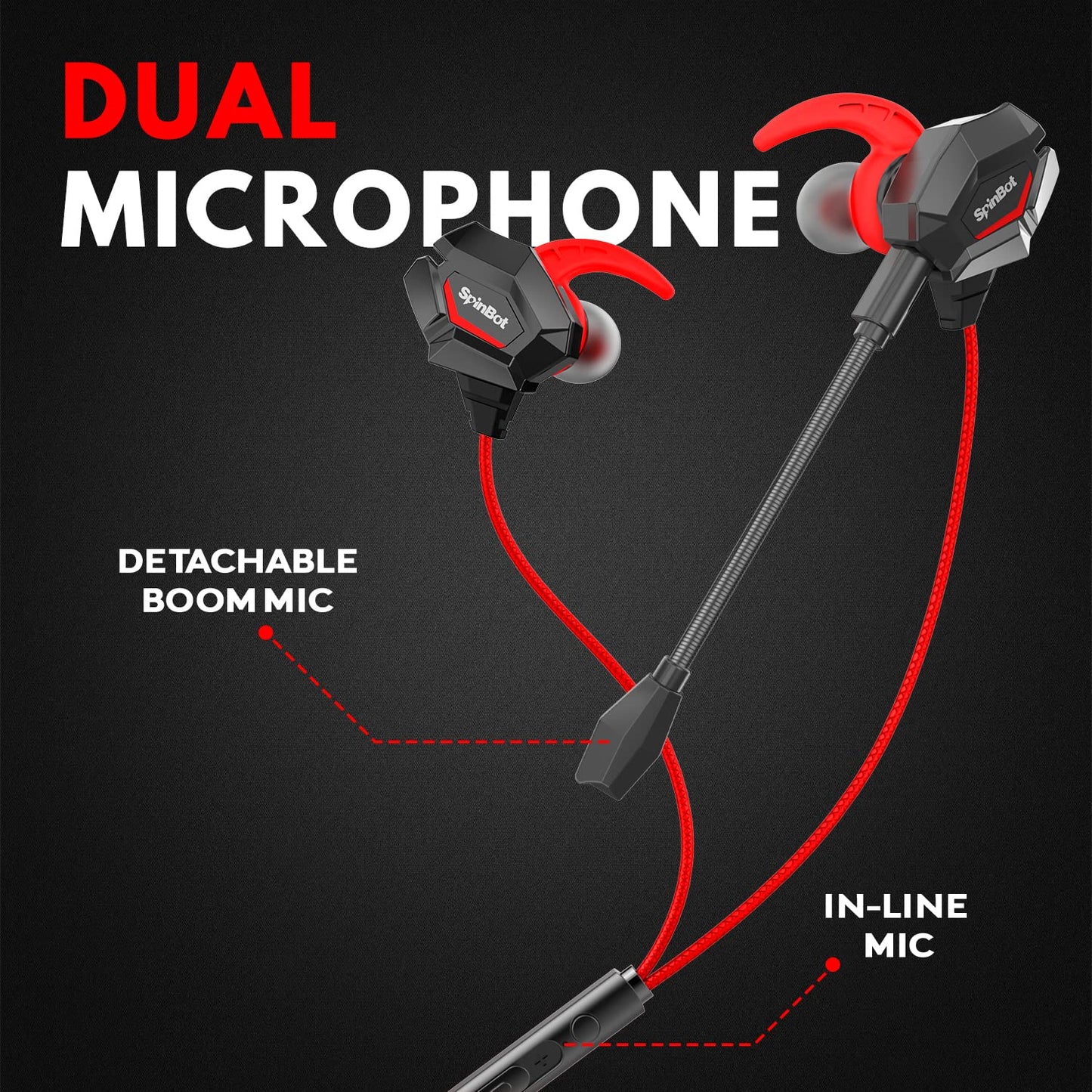 SpinBot BattleBudz W20 Gaming Wired Earphones with Dual Mic | Detachable Boom Mic, 10mm Gaming-Tuned Drivers, Shark Fin Eartips for Mobile, PC/Laptop, Xbox One, PS4, PS5 (Green)