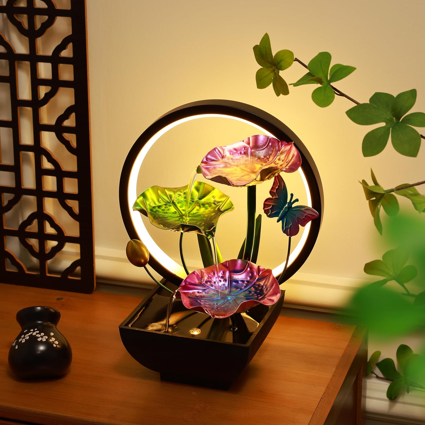 HOME ELEMENTS metal Water Fountains with Ring Light for HOME Decor Tabletop Indoor Desktop Showpiece Fountain for Living Room Bedroom Office Housewarming Gift Meditation Zen Water Fountain -25x17x37cm