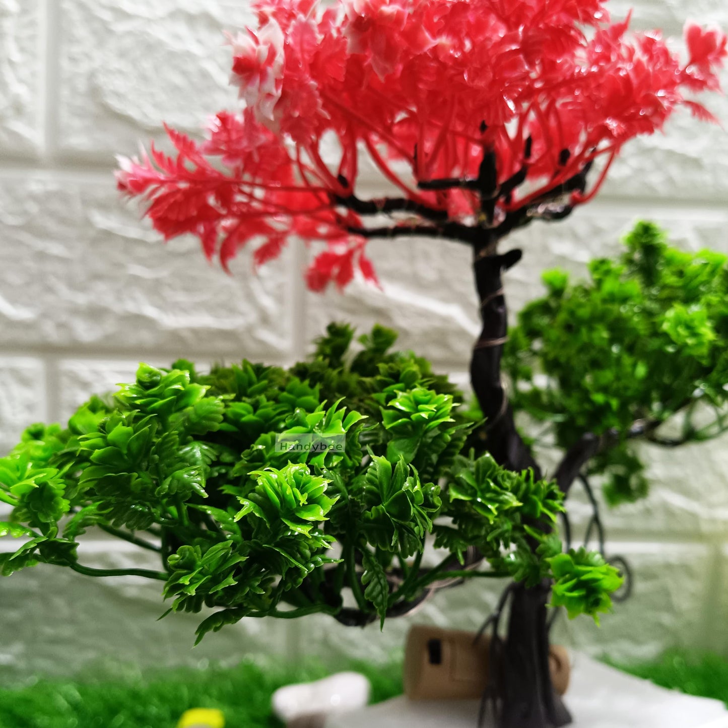Small Potted Artificial Plant Bonsai Tree with LED Light (24cm) Plastic Fake Indoor Potted Houseplants Bedroom Living Room Décor, Home Office Tabletop Working Desk Décor (1PC, YG)