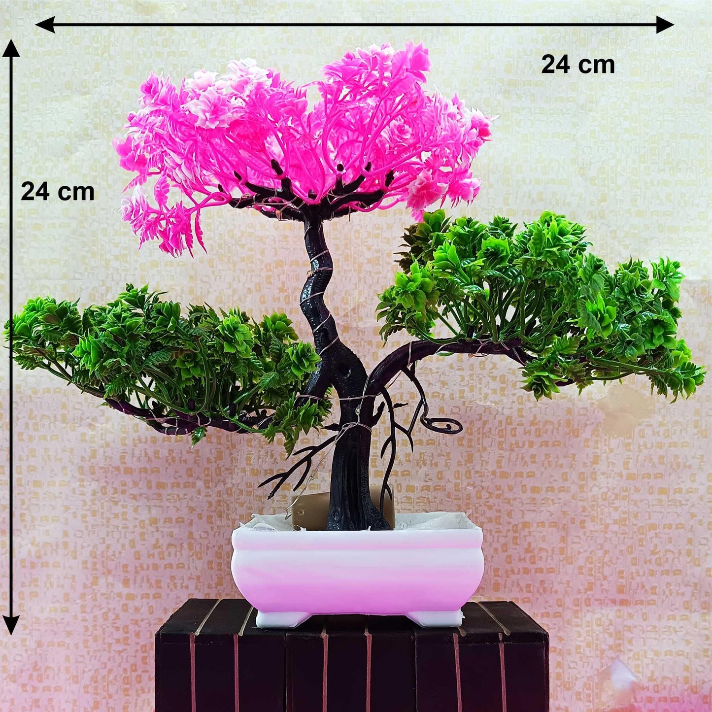 Small Potted Artificial Plant Bonsai Tree with LED Light (24cm) Plastic Fake Indoor Potted Houseplants Bedroom Living Room Décor, Home Office Tabletop Working Desk Décor (1PC, YG)