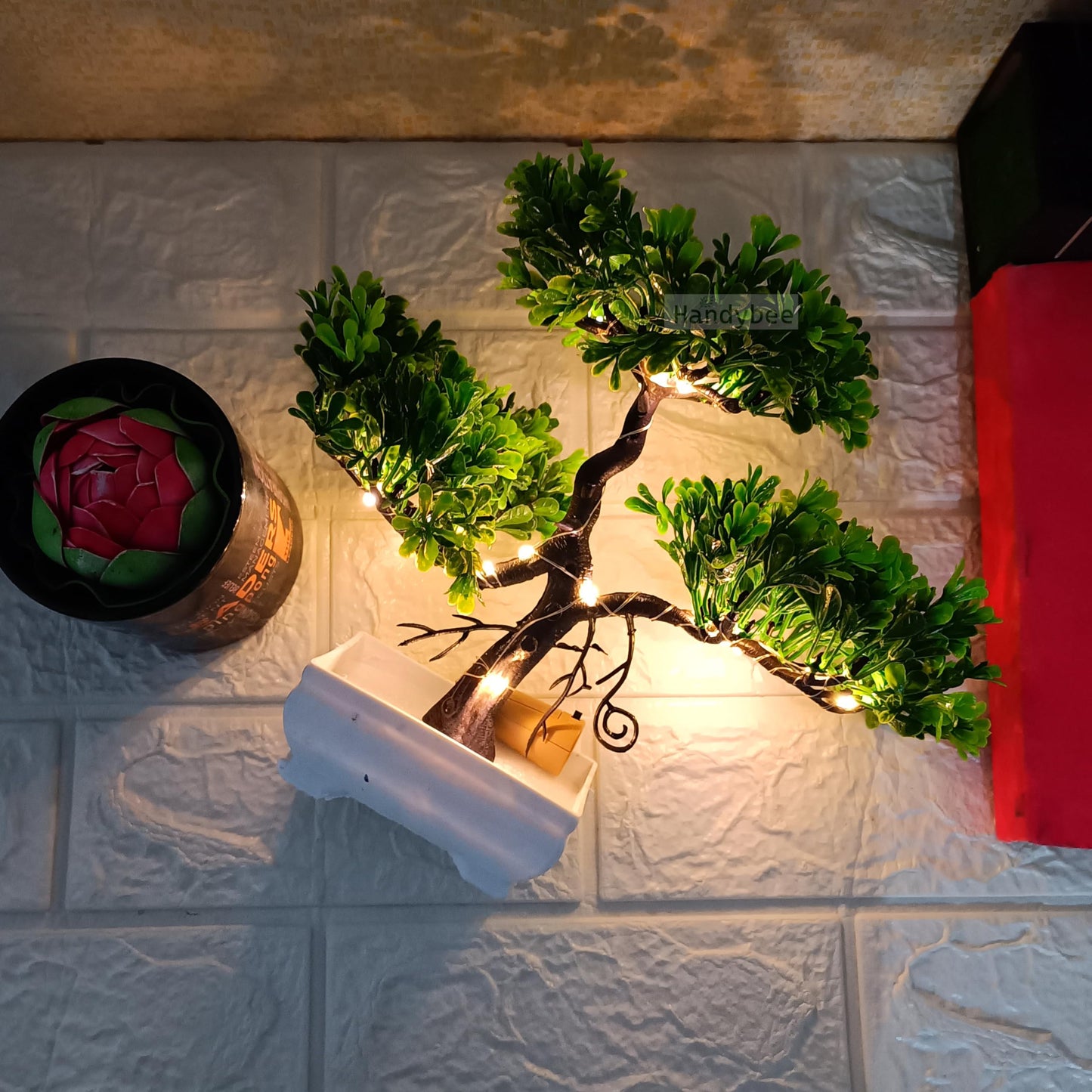 Small Potted Artificial Plant Bonsai Tree with LED Light (24cm) Plastic Fake Indoor Potted Houseplants Bedroom Living Room Décor, Home Office Tabletop Working Desk Décor (1PC, YG)