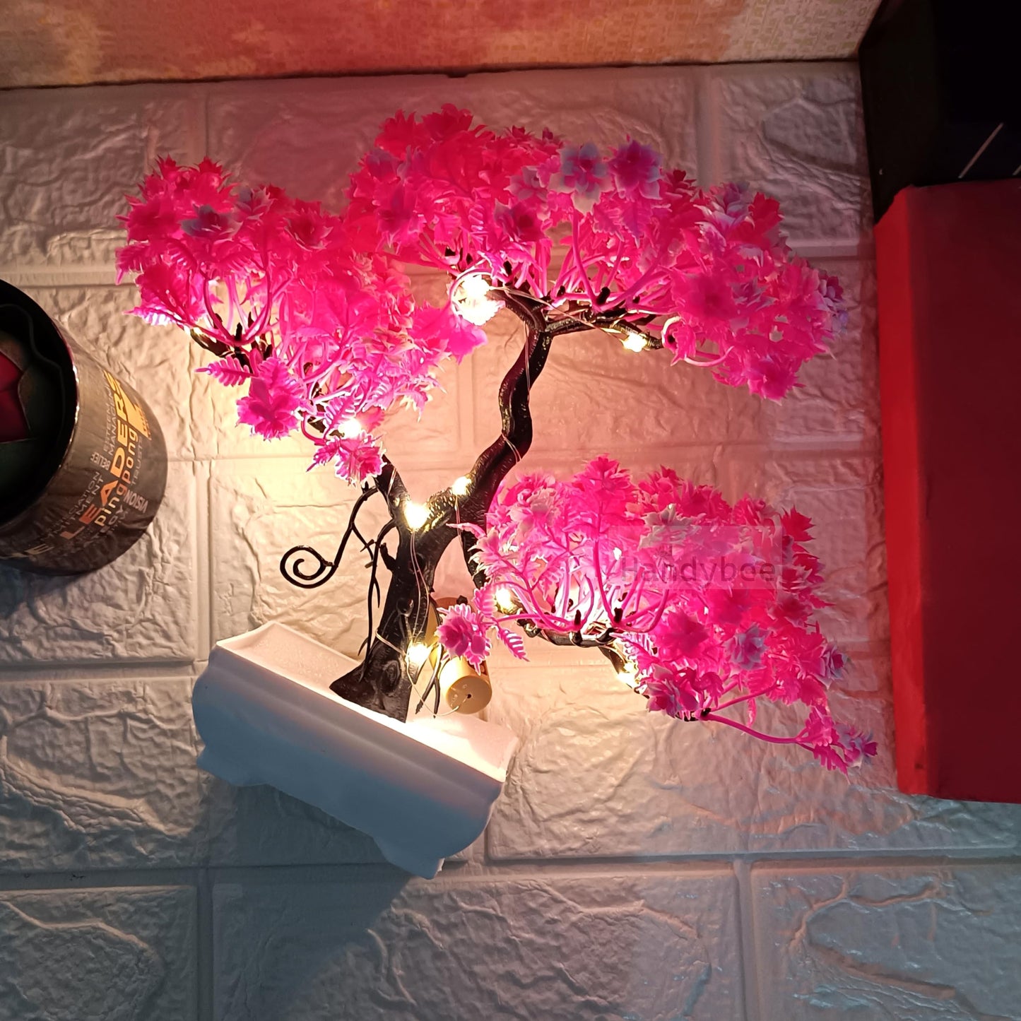 Small Potted Artificial Plant Bonsai Tree with LED Light (24cm) Plastic Fake Indoor Potted Houseplants Bedroom Living Room Décor, Home Office Tabletop Working Desk Décor (1PC, YG)