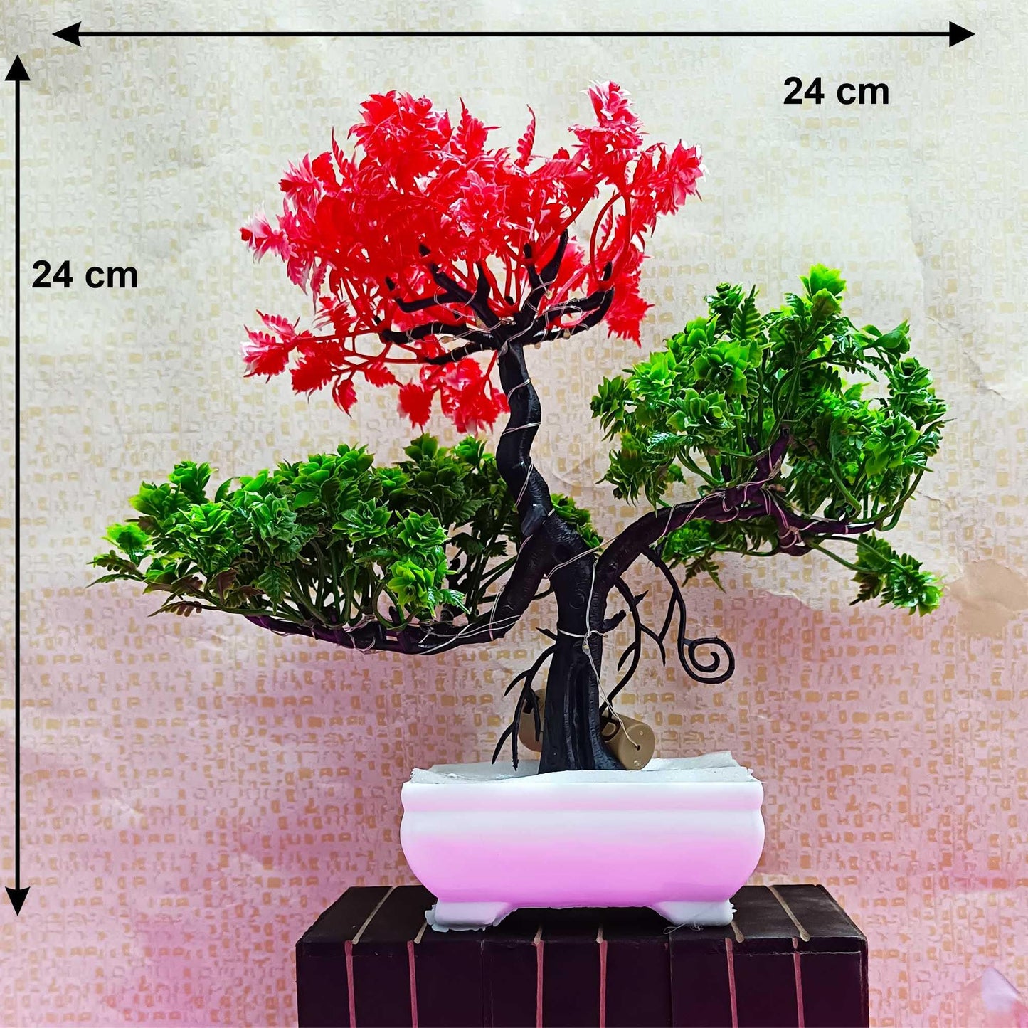 Small Potted Artificial Plant Bonsai Tree with LED Light (24cm) Plastic Fake Indoor Potted Houseplants Bedroom Living Room Décor, Home Office Tabletop Working Desk Décor (1PC, YG)