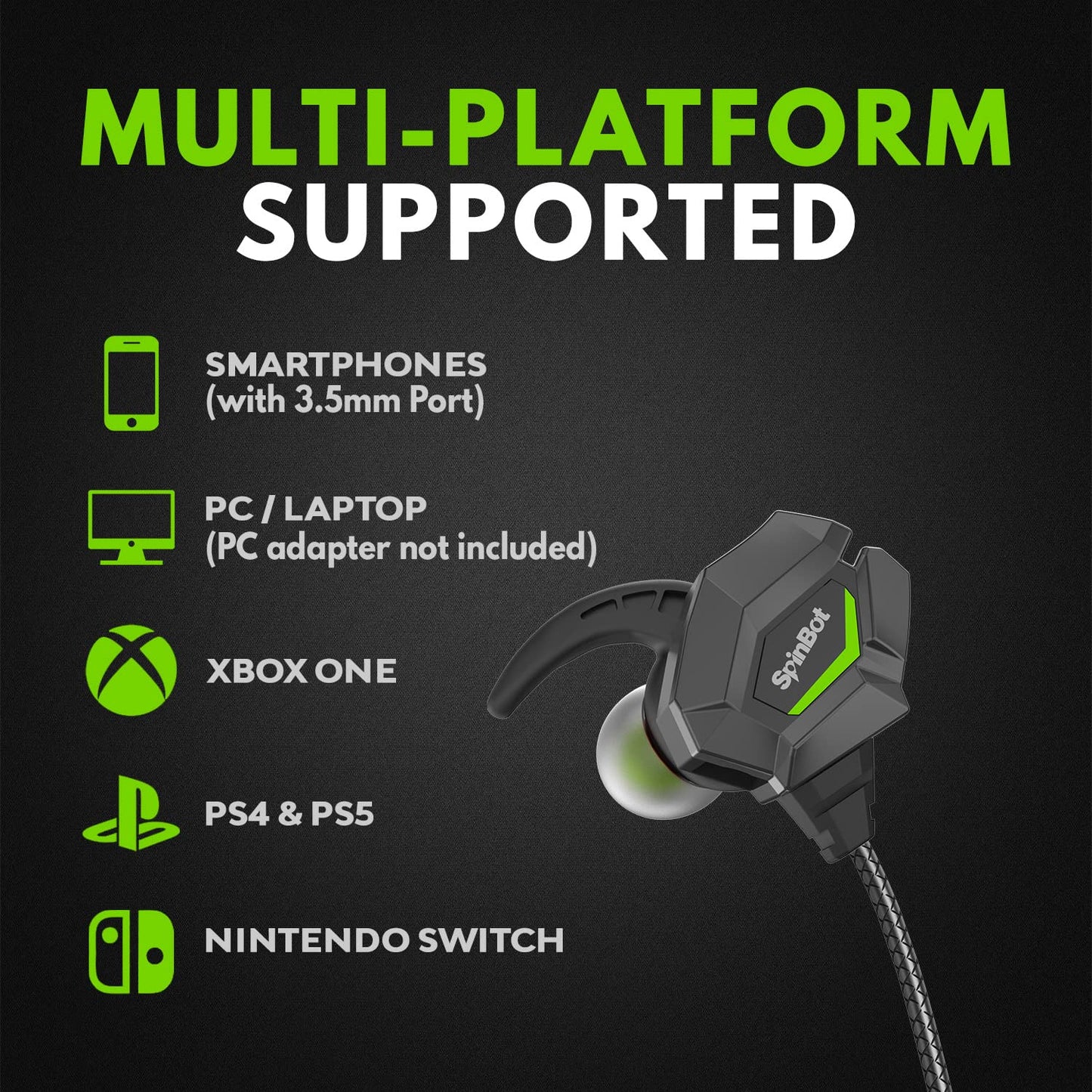 SpinBot BattleBudz W20 Gaming Wired Earphones with Dual Mic | Detachable Boom Mic, 10mm Gaming-Tuned Drivers, Shark Fin Eartips for Mobile, PC/Laptop, Xbox One, PS4, PS5 (Green)