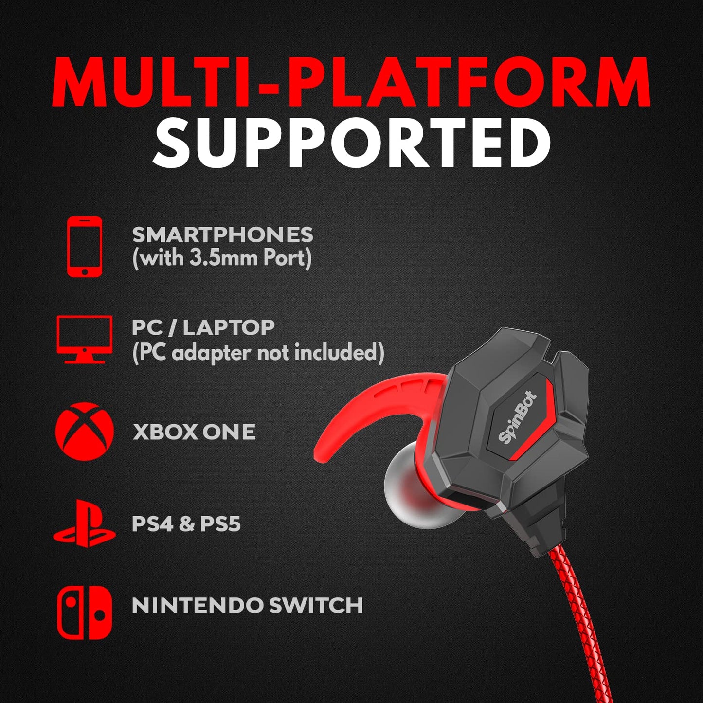 SpinBot BattleBudz W20 Gaming Wired Earphones with Dual Mic | Detachable Boom Mic, 10mm Gaming-Tuned Drivers, Shark Fin Eartips for Mobile, PC/Laptop, Xbox One, PS4, PS5 (Green)