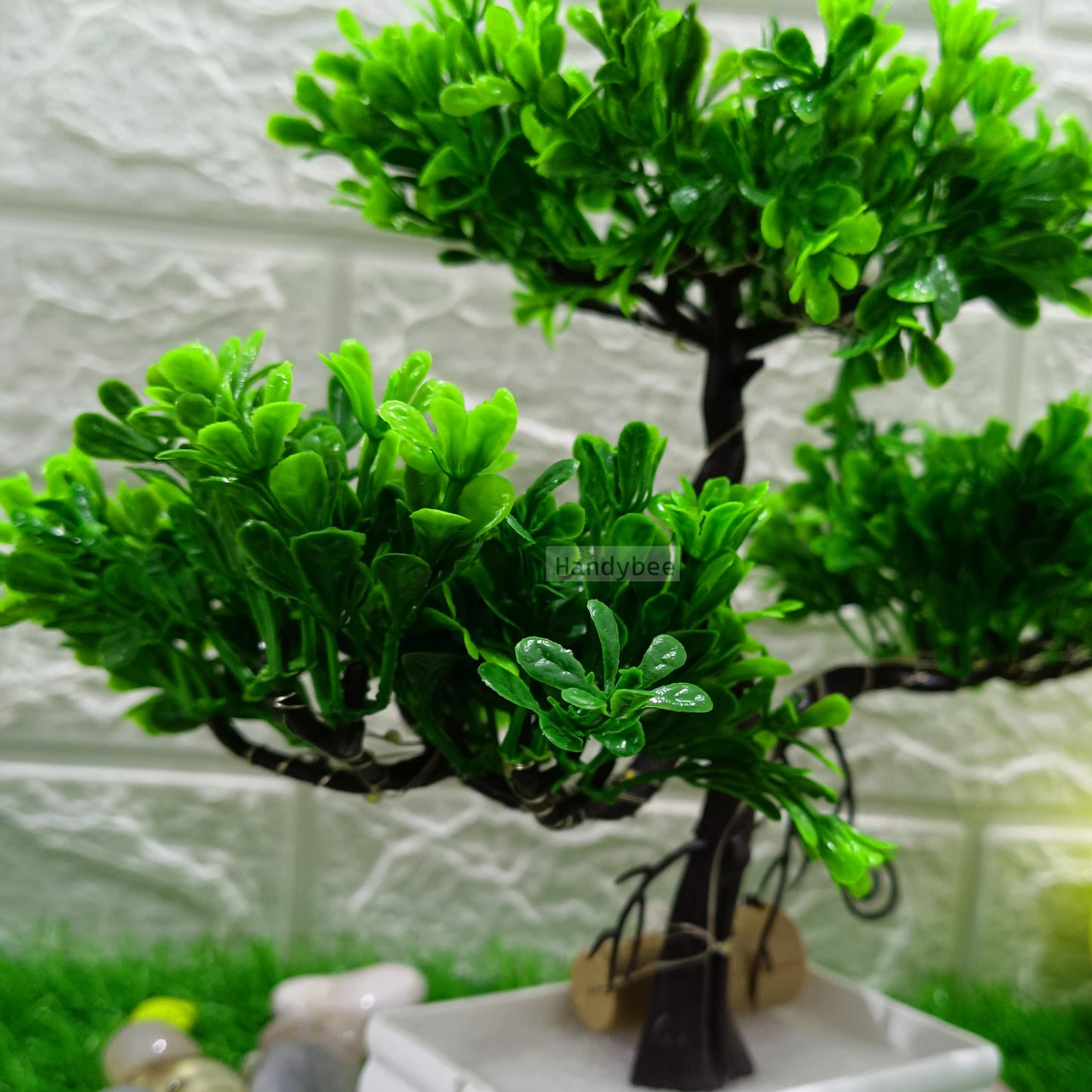 Small Potted Artificial Plant Bonsai Tree with LED Light (24cm) Plastic Fake Indoor Potted Houseplants Bedroom Living Room Décor, Home Office Tabletop Working Desk Décor (1PC, YG)