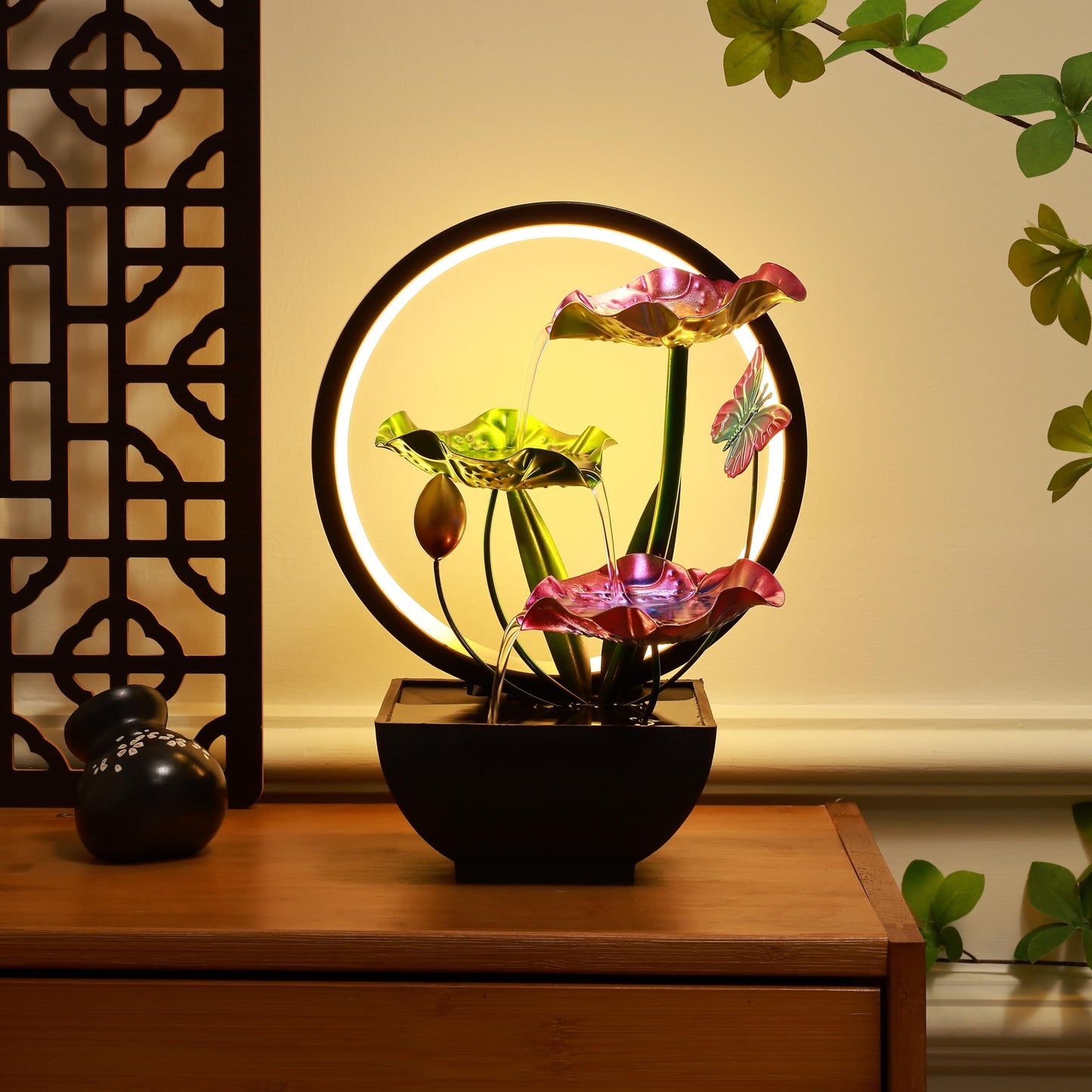 HOME ELEMENTS metal Water Fountains with Ring Light for HOME Decor Tabletop Indoor Desktop Showpiece Fountain for Living Room Bedroom Office Housewarming Gift Meditation Zen Water Fountain -25x17x37cm