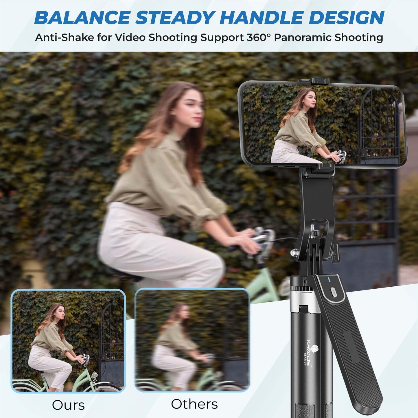 Kratos K5 Selfie Stick Tripod with Balance Handle, 64 inch & Stable 4 Leg Design,Recharable BT Remote, Long Tripod Stand for 360° Rotation Panoramic Shoot, Made for Phones,Ring Light, Gopro,Camera