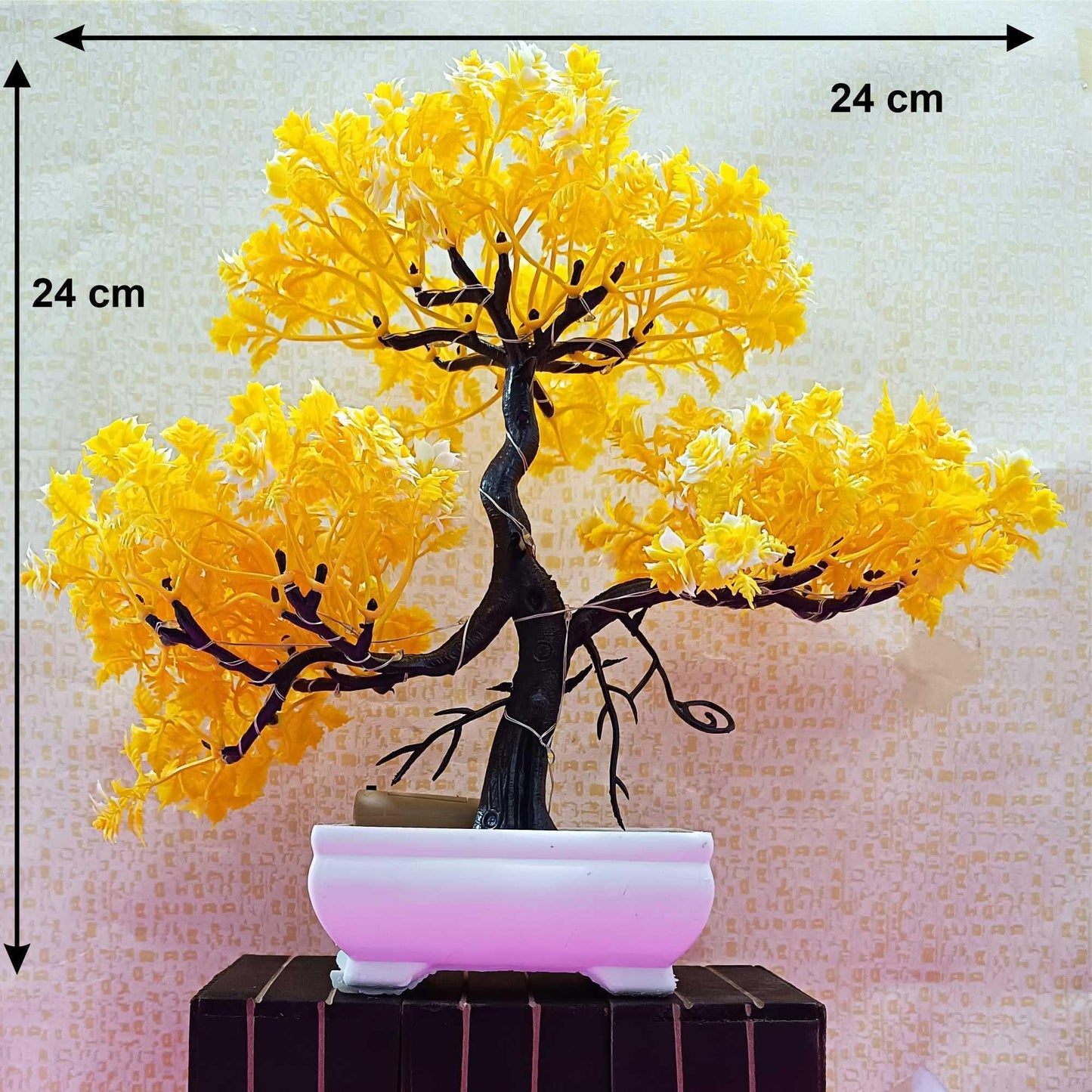 Small Potted Artificial Plant Bonsai Tree with LED Light (24cm) Plastic Fake Indoor Potted Houseplants Bedroom Living Room Décor, Home Office Tabletop Working Desk Décor (1PC, YG)