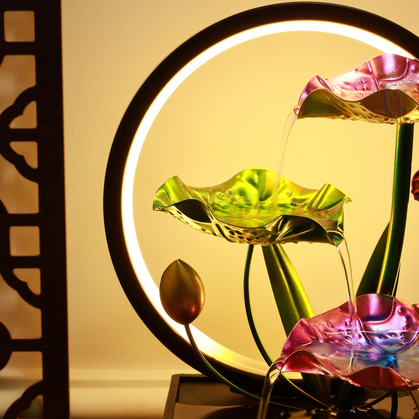 HOME ELEMENTS metal Water Fountains with Ring Light for HOME Decor Tabletop Indoor Desktop Showpiece Fountain for Living Room Bedroom Office Housewarming Gift Meditation Zen Water Fountain -25x17x37cm