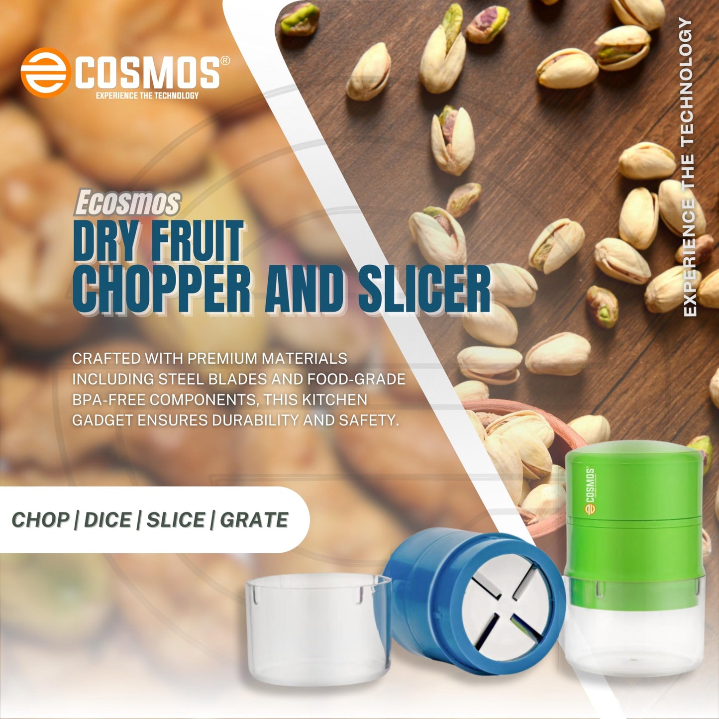 E-COSMOS Dry Fruit Cutter, Grinder, Chocolate Cutter, Slicer for Pista, Almonds, Cashews with 3 in 1 Blade - Color May Vary (Pack of 1)